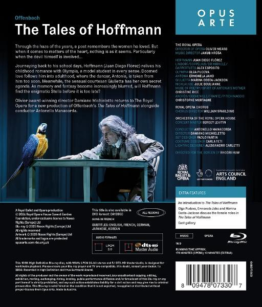 Poster für The Tales of Hoffmann. Ein Mann und ein Papagei sitzen an einem Tisch. Text enthält Besetzung, Credits und Blu-ray-Infos.