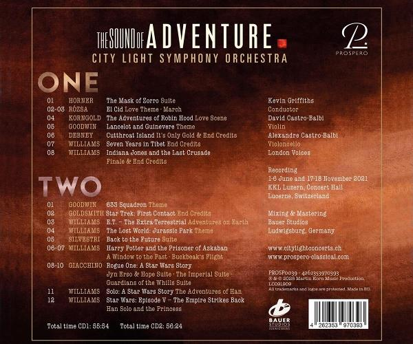 CD-Cover. Titel: The Sound of Adventure. Listet Musiktitel aus verschiedenen Filmen auf. Brauner Hintergrund mit weißem Text.