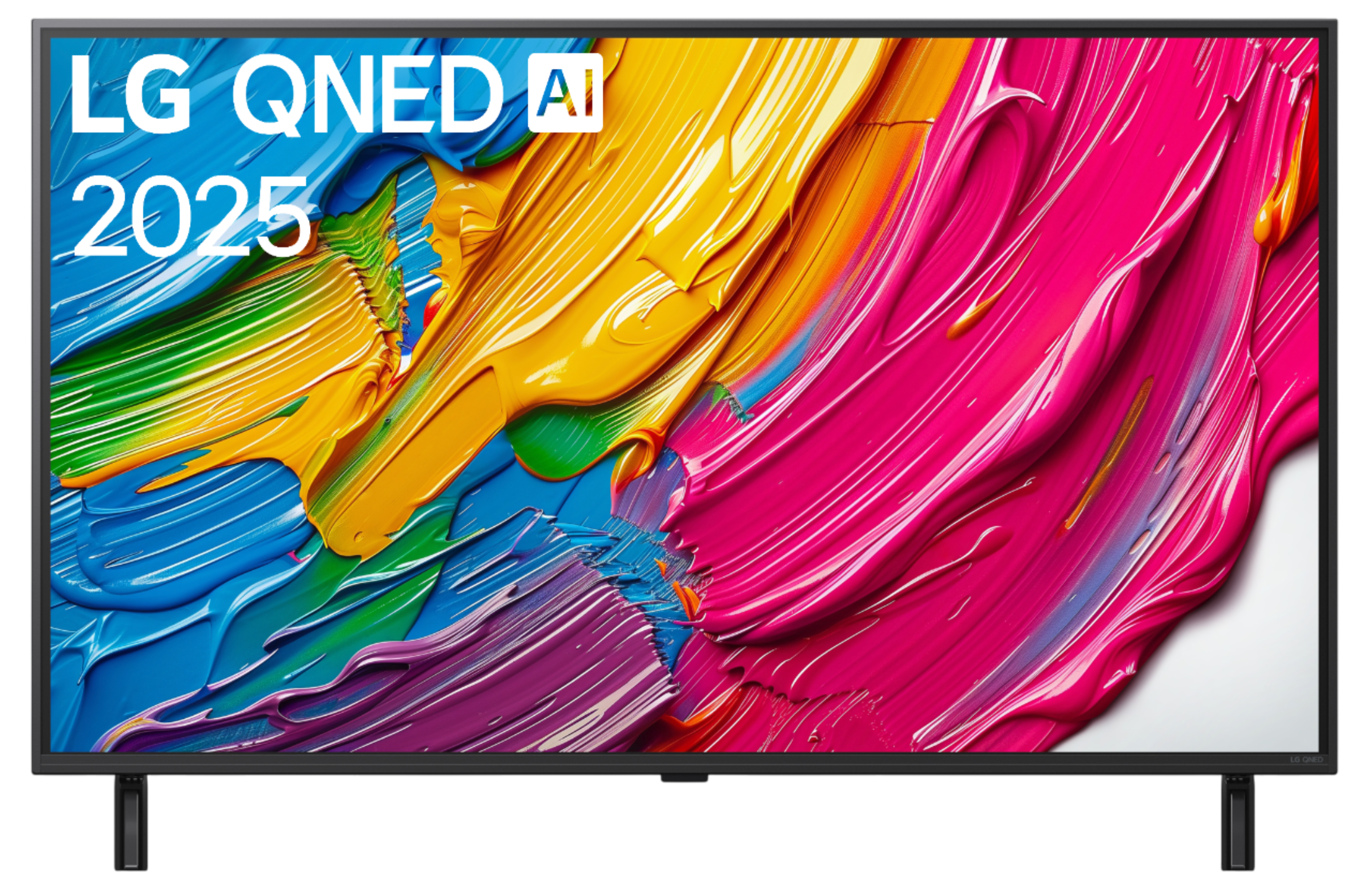 LG QNED 2025 TV. Der Bildschirm zeigt farbenfrohe, strukturierte Pinselstriche in Gelb, Blau und Pink.