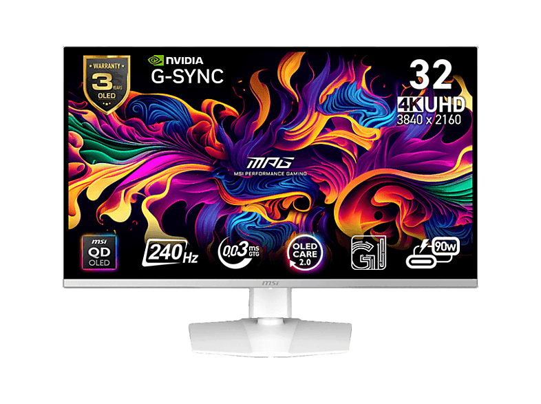 MSI MPG 321URXWDE QD-OLED 31,5 Zoll Gaming Monitor, UHD 4K, 0,03 ms Reaktionszeit, 250 cd/m², 240 Hz, Weiß