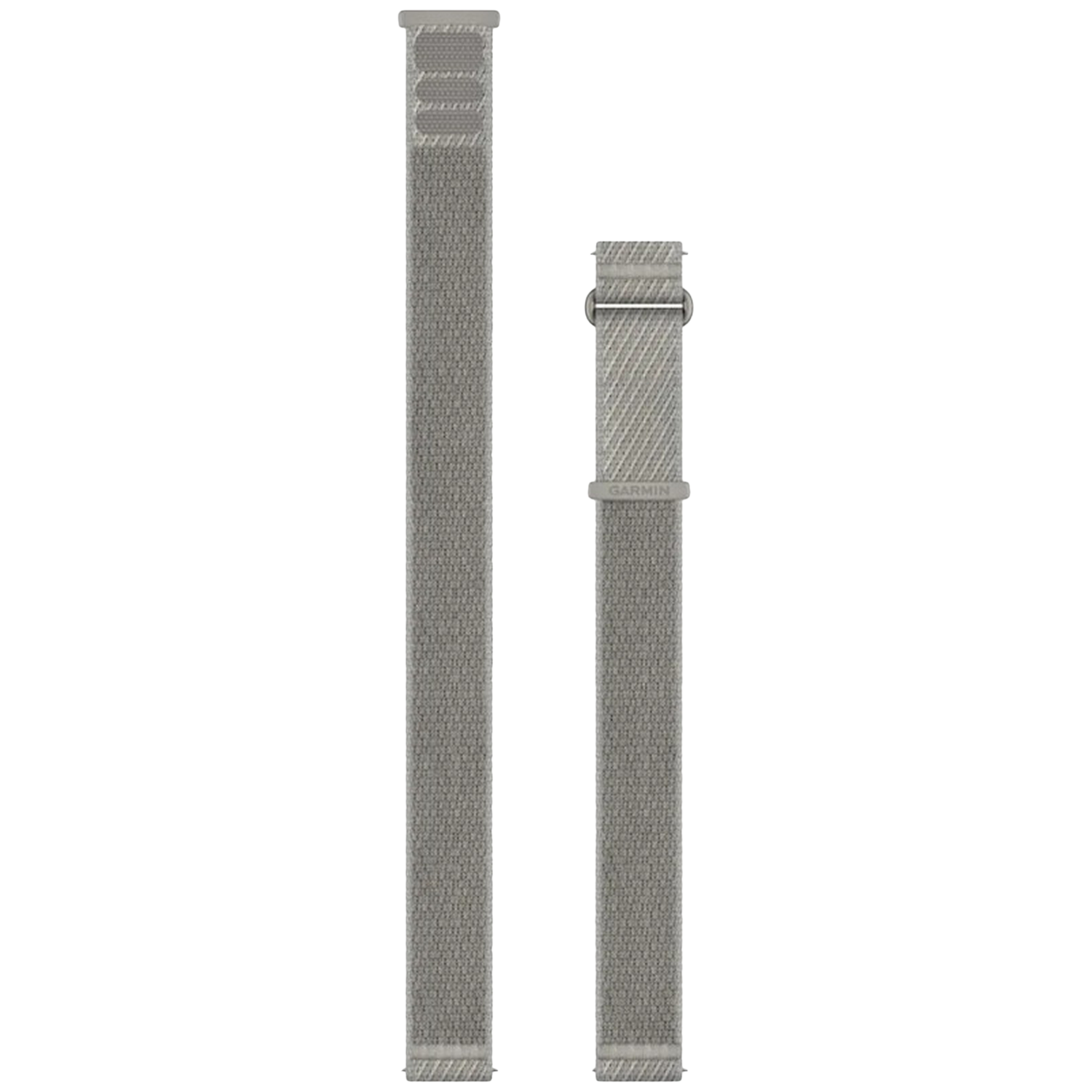 Two gray Garmin watch straps are displayed against a white background. One is longer, the other has a metal clasp and the Garmin logo.