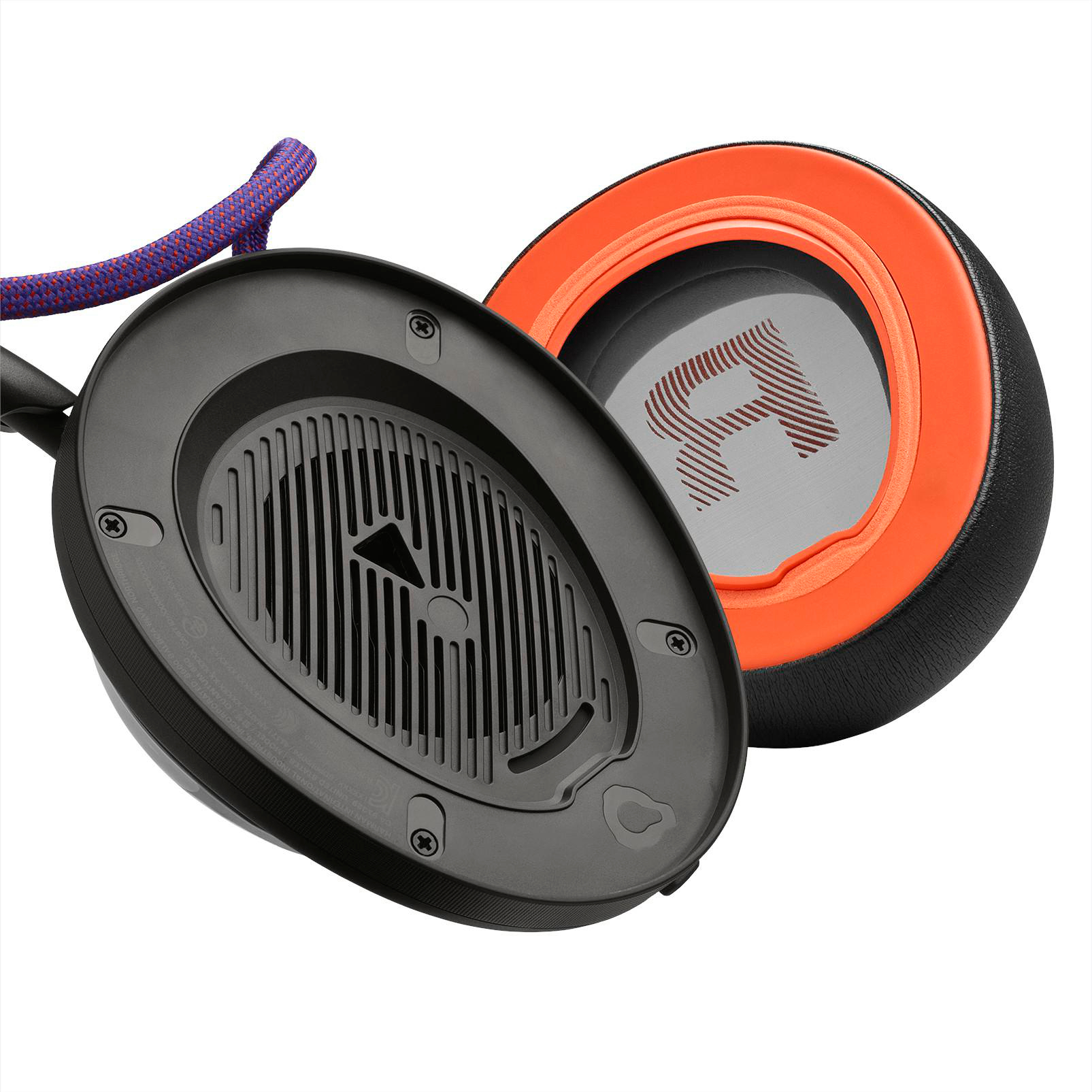 Kopfhörer, schwarze und orangefarbene Ohrmuscheln. Lila und blaues Kabel. Grauer Innenraum mit einem R. Schwarze Ohrmuscheln mit orangefarbener Umrandung.