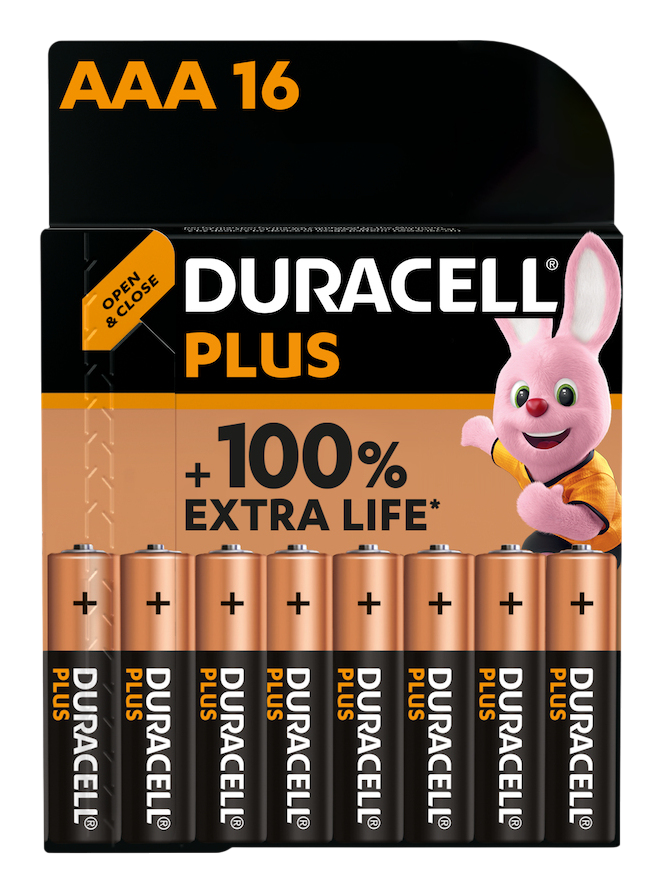 Duracell Plus AAA 16 Batterien in einer Packung, mit einem rosa Hasenmaskottchen, das nach rechts zeigt.