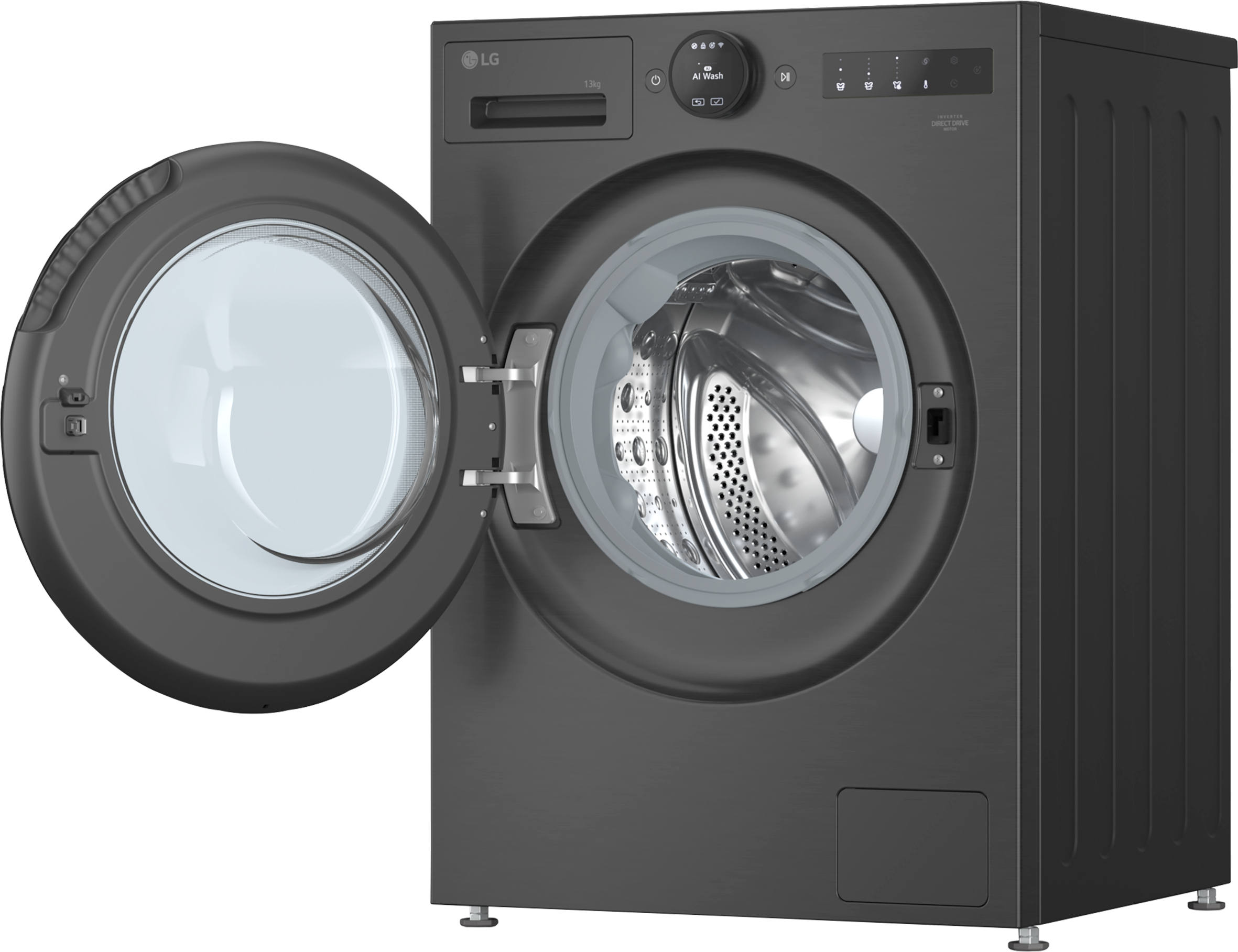 Eine dunkelgraue LG-Waschmaschine mit offener Tür. Bedienelemente und Display befinden sich oben. Die Tür hat ein Glasfenster.