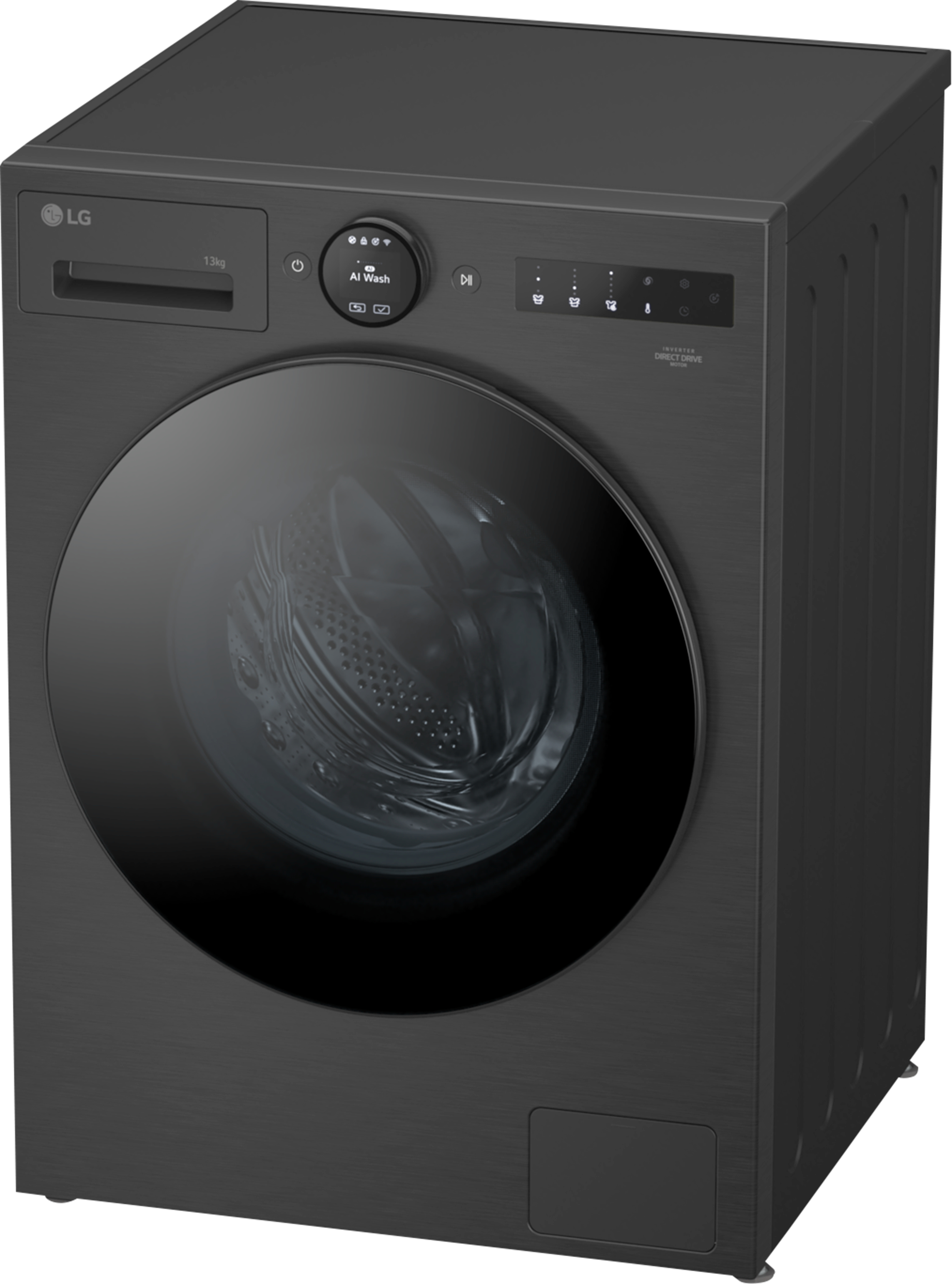 Eine schwarze LG-Waschmaschine mit runder Glastür. Sie hat ein Bedienfeld mit Knöpfen und einem Digitaldisplay.