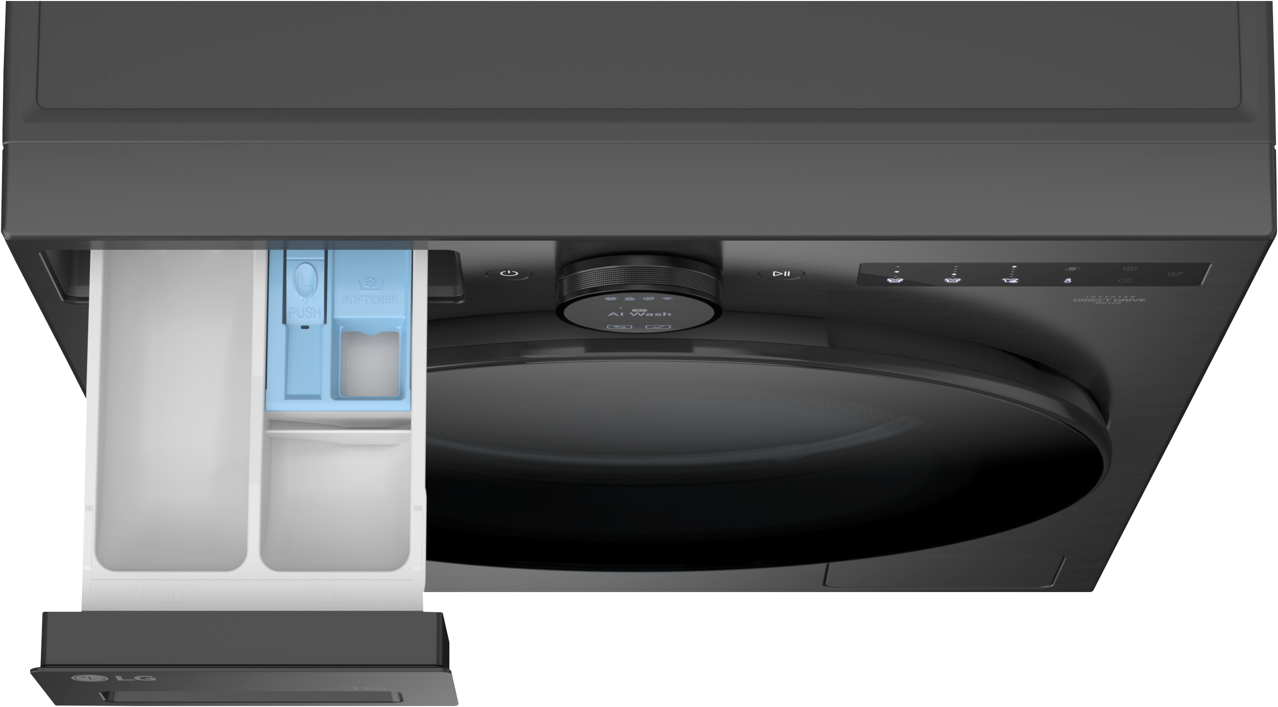 Eine schwarze LG Waschmaschine mit geöffneter Waschmittelschublade. Die Schublade ist weiß und blau. Das Bedienfeld hat Knöpfe.