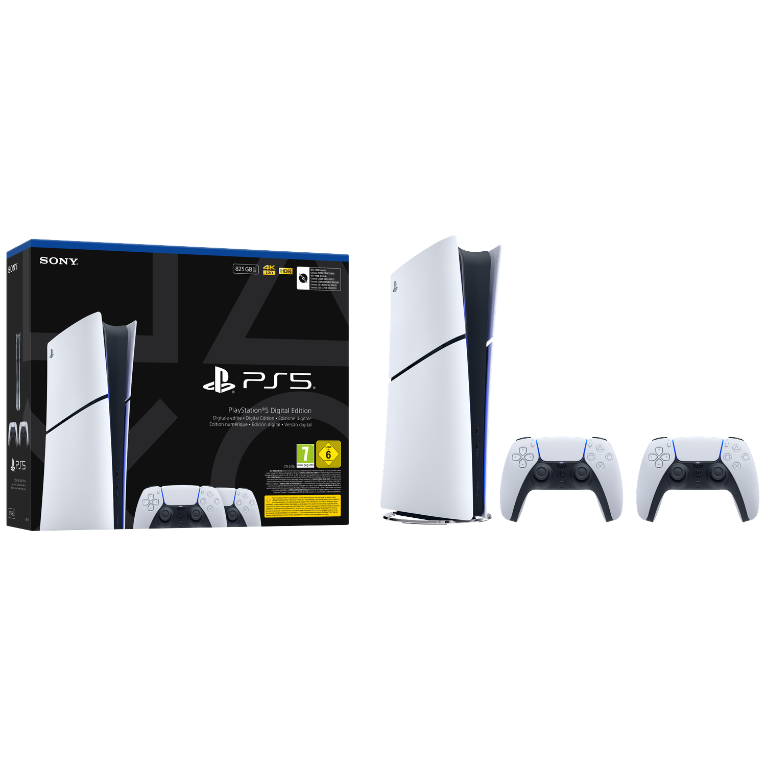 Een PlayStation 5 Digital Edition console, doos en twee controllers worden op een witte achtergrond weergegeven. De console is wit en zwart.