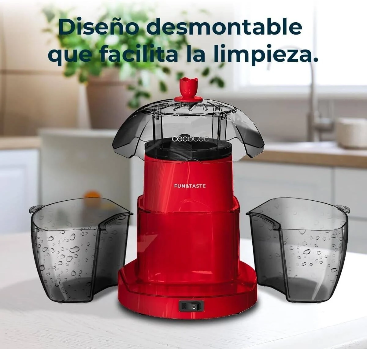 Máquina de palomitas roja con dos recipientes transparentes. Texto: 'Diseño desmontable que facilita la limpieza' (Diseño desmontable para una limpieza fácil).
