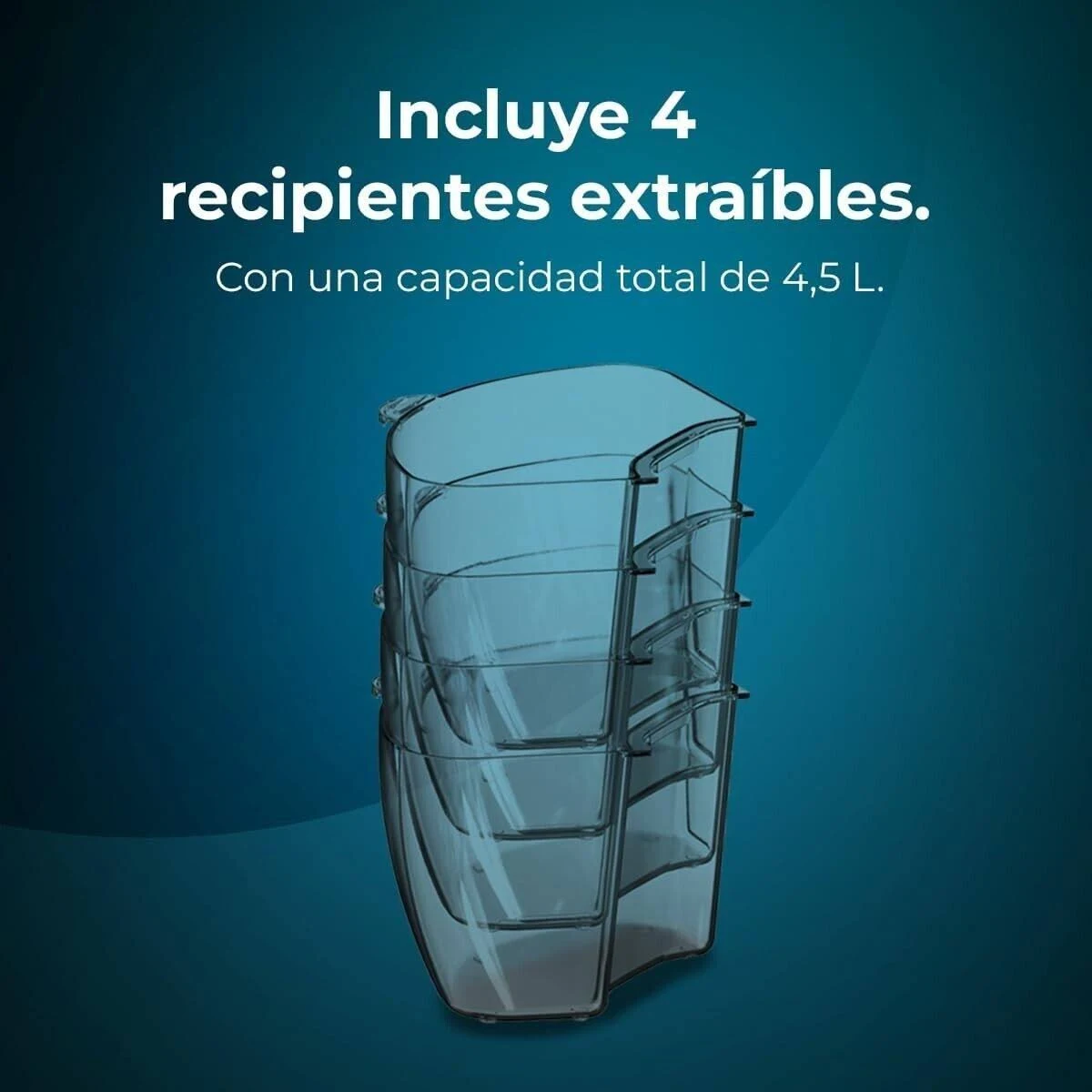 Cuatro recipientes transparentes y extraíbles apilados, sobre un fondo degradado azul. Texto: 'Incluye 4 recipientes extraíbles'.
