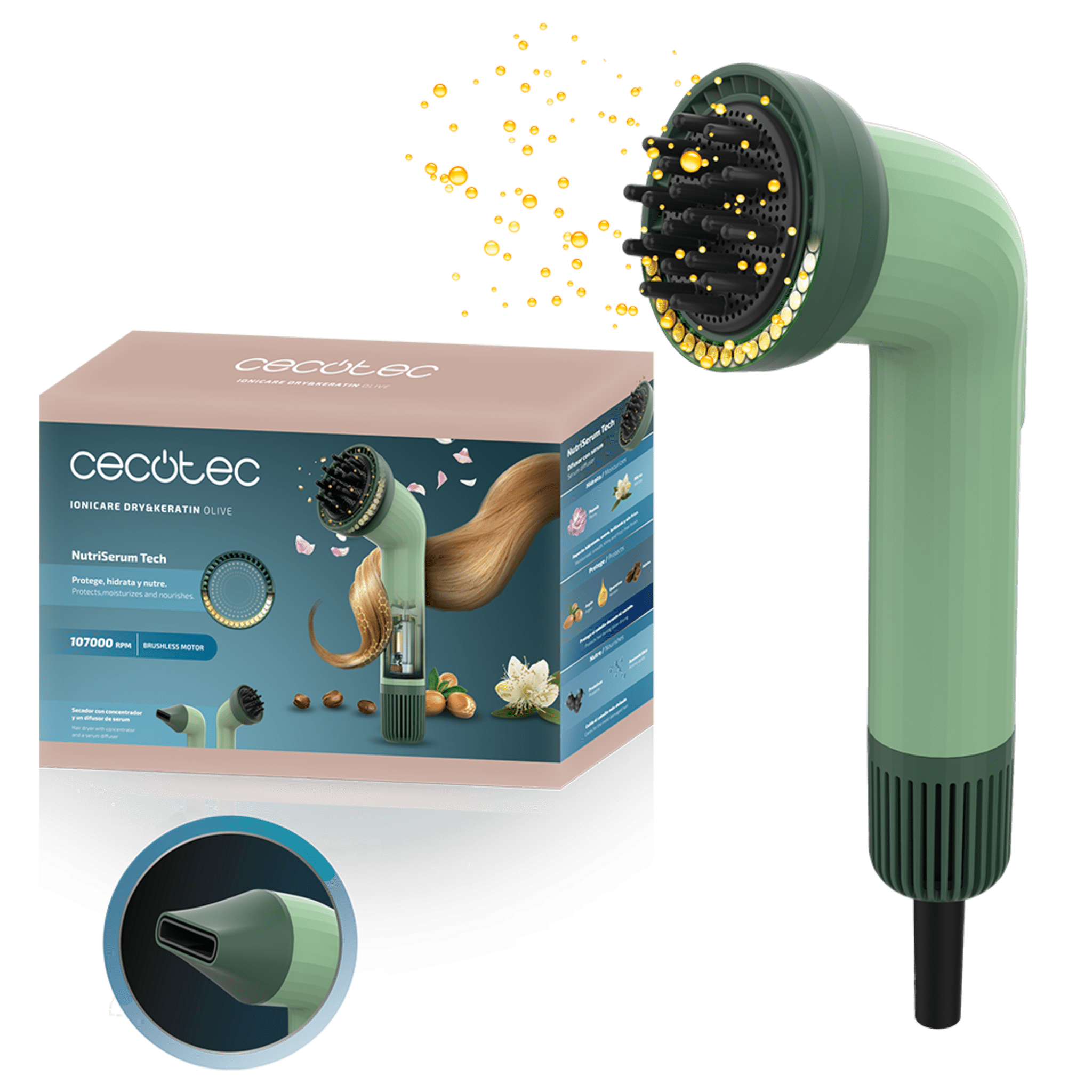 Secador de pelo verde con una caja. La caja dice 'cecotec IONICARE DRY&KERATIN OLIVE'. El secador tiene un difusor de suero.