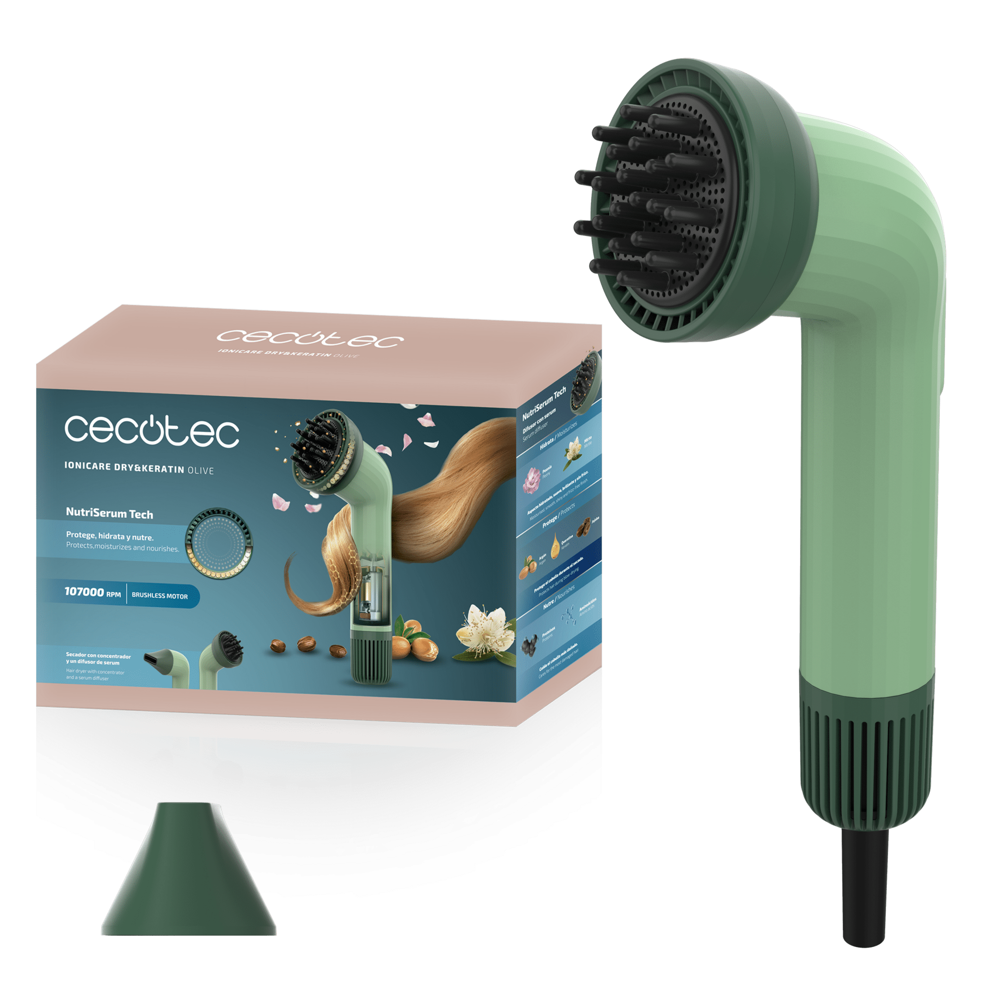 Un secador de pelo verde con difusor y una caja. La caja muestra detalles del producto para el cuidado del cabello y el secador.