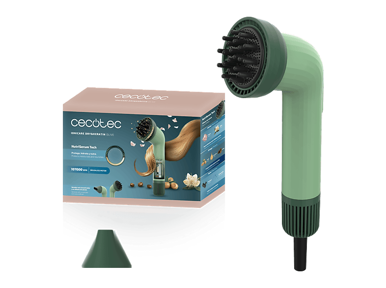Secador - Cecotec IoniCare Dry&Keratin Olive, 1200W, Tecnología NutriSerum, Motor brushless, Función iónica, Esencia con aroma, Concentrador, Verde – imagen 2