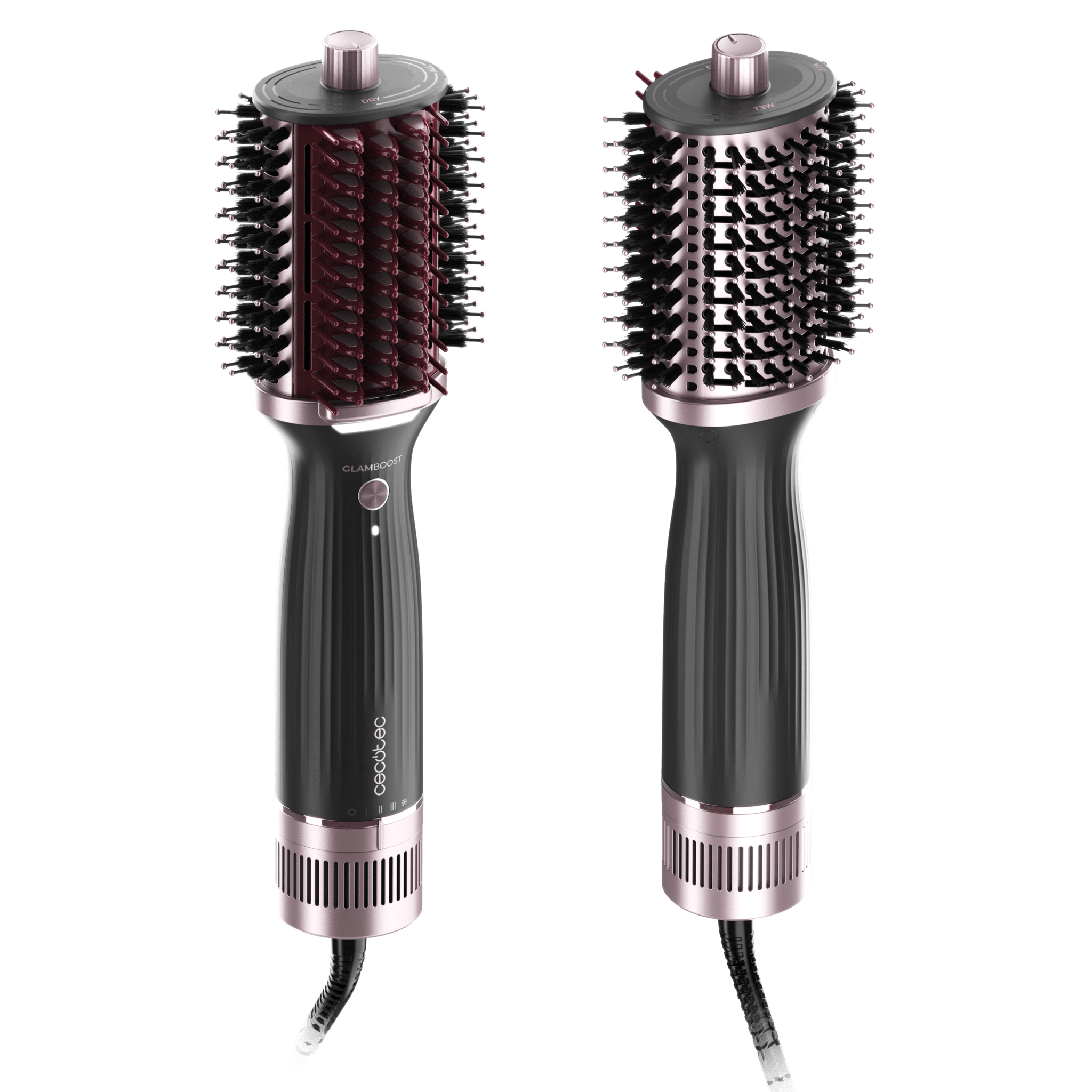 Dos cepillos para peinar el cabello negros y oro rosa sobre un fondo verde. Cada uno tiene mango, barril y cerdas.