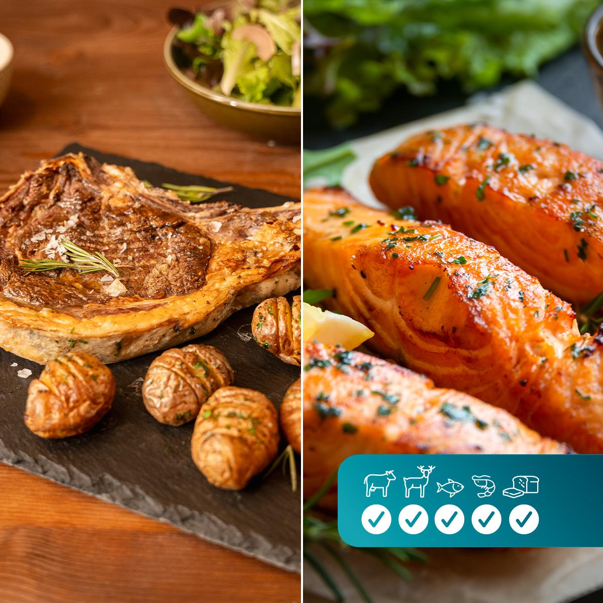 Filete a la parrilla con patatas asadas y ensalada. También se muestran filetes de salmón. La imagen tiene un icono de comida con marcas de verificación.