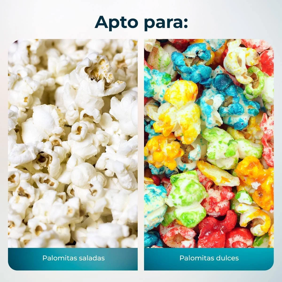 La imagen muestra dos tipos de palomitas de maíz. Una es simple, la otra es palomitas de maíz coloridas y cubiertas de caramelo. Texto: 'Apto para:' (apto para).