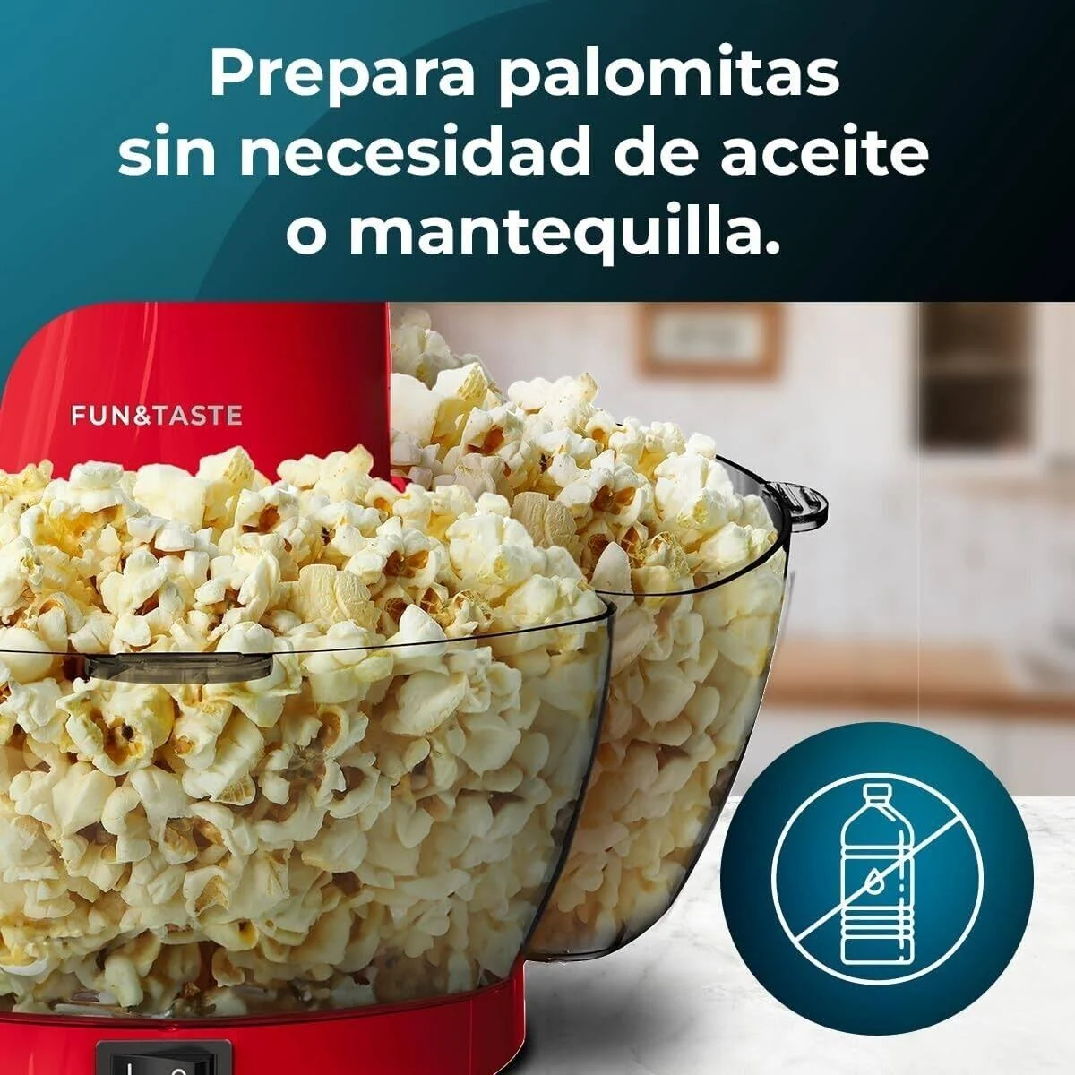 Máquina de palomitas roja con un recipiente lleno de palomitas. Texto: 'Prepara palomitas sin aceite ni mantequilla'.