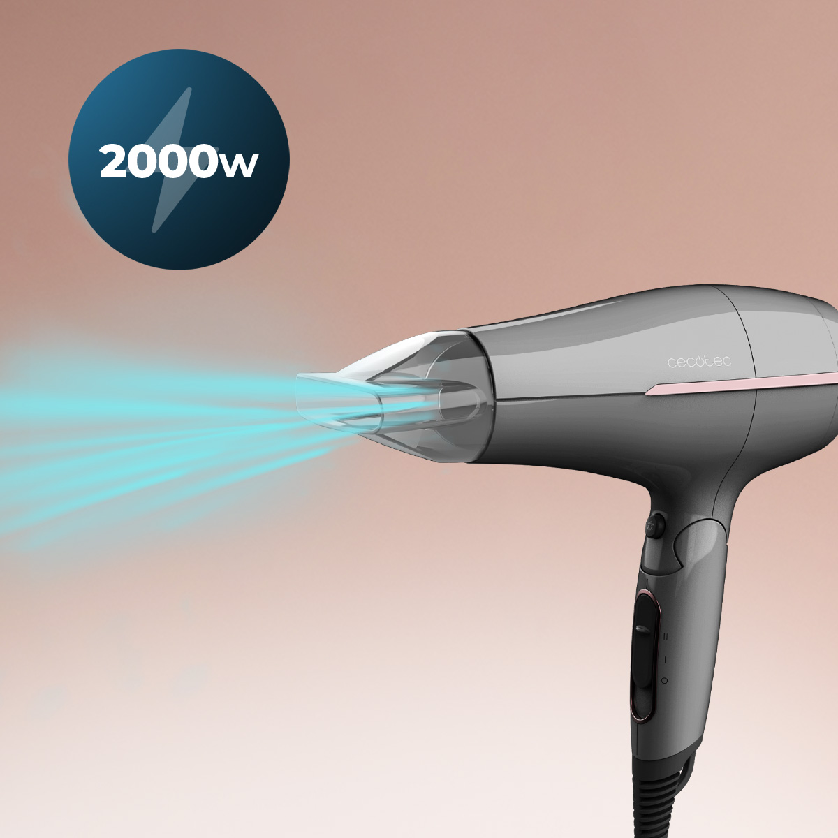 Un secador de pelo gris con acentos rosados que emite aire azul. Un círculo azul con '2000w' está en el fondo.