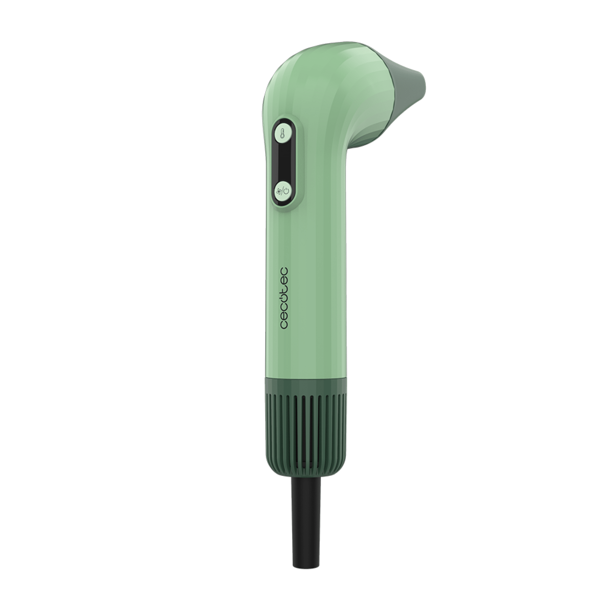 Una aspiradora de mano verde sobre un fondo verde. Tiene botones y una boquilla. La marca es visible.