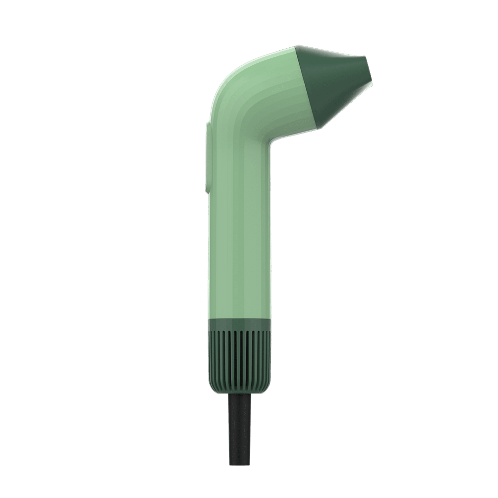 Un dispositivo verde y verde oscuro sobre un fondo verde. El dispositivo tiene un cuerpo tubular y una boquilla.