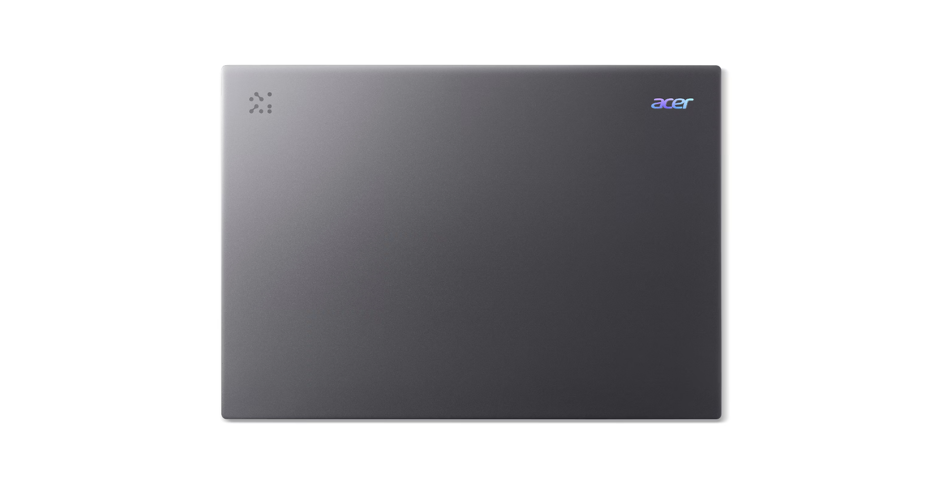 A dark gray laptop's back, with the Acer logo on the top right. A pattern of dots is on the top left. The background is white.