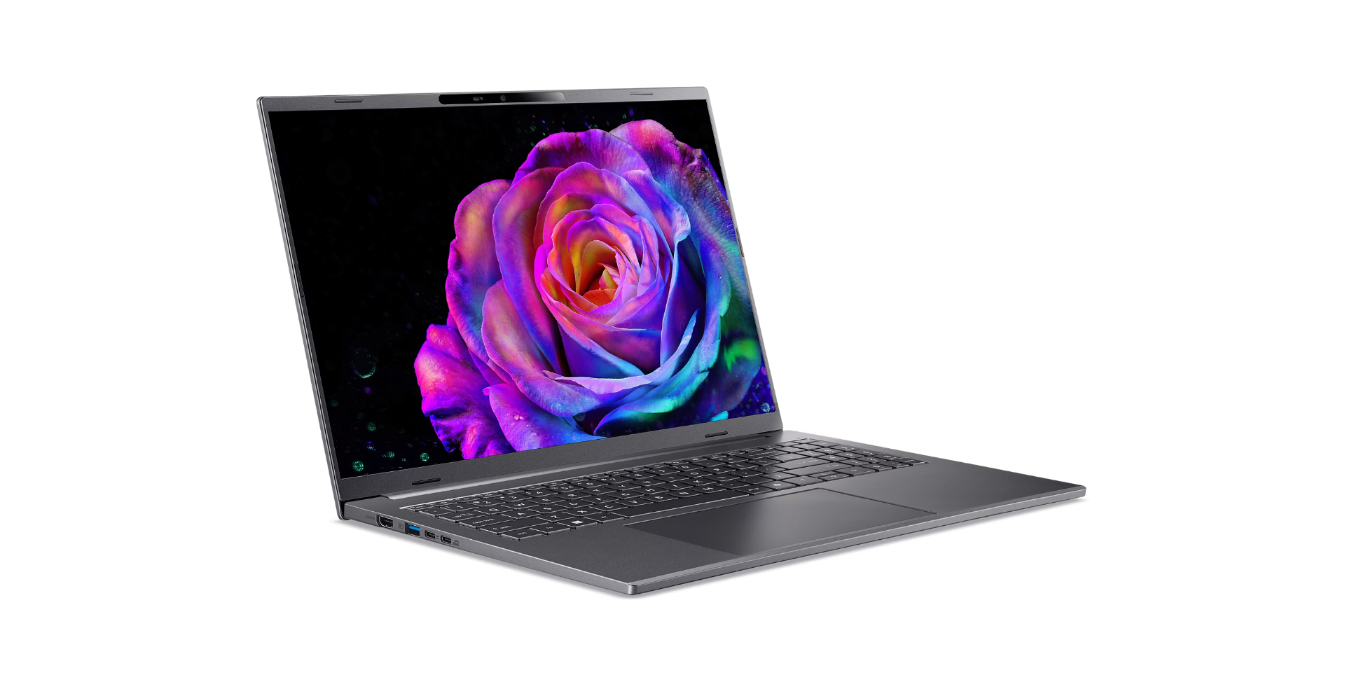 A gray laptop displays a vibrant rose image on its screen. The background is white.