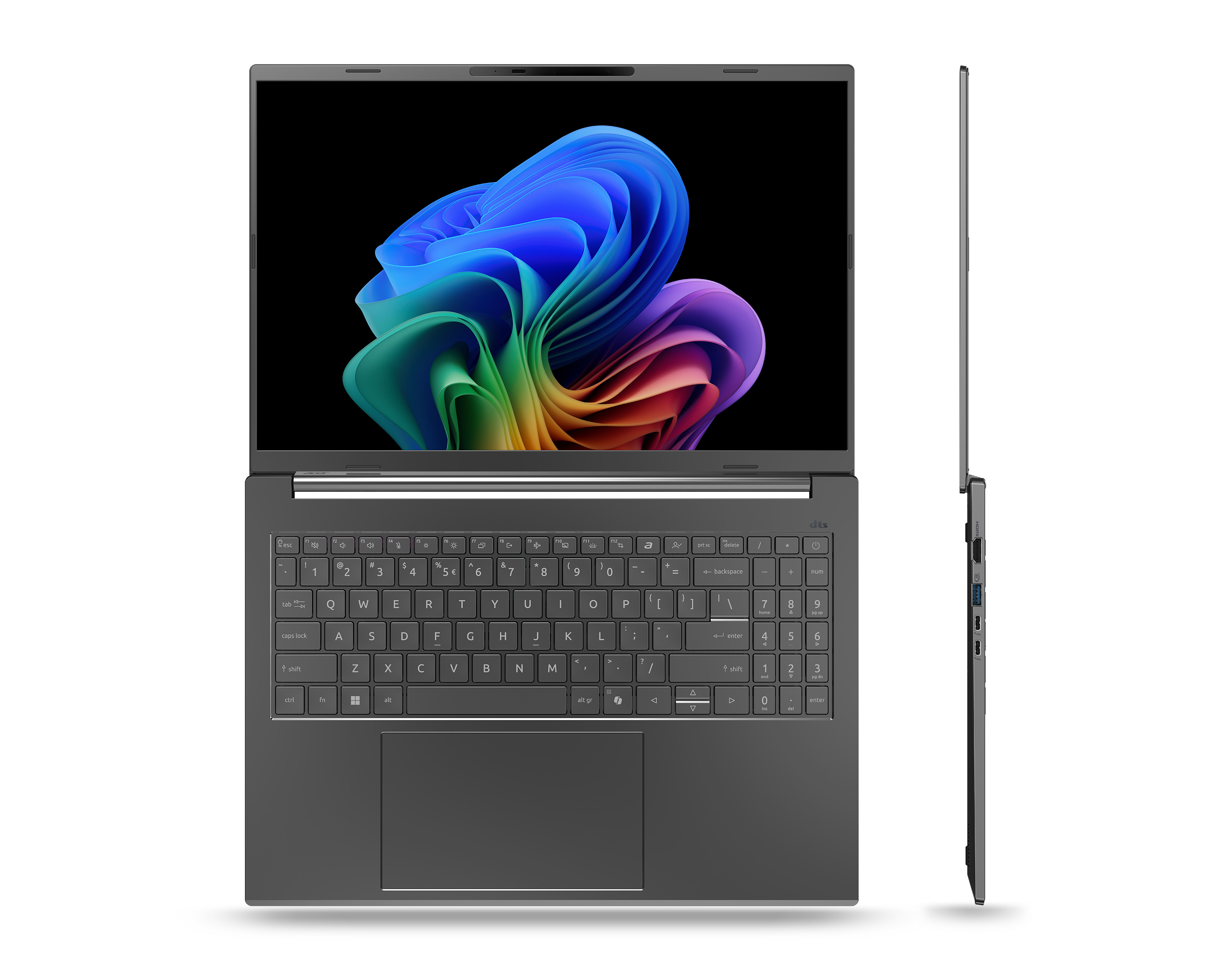 Laptop on white background, open. Screen shows abstract colorful shapes. Keyboard and touchpad visible.