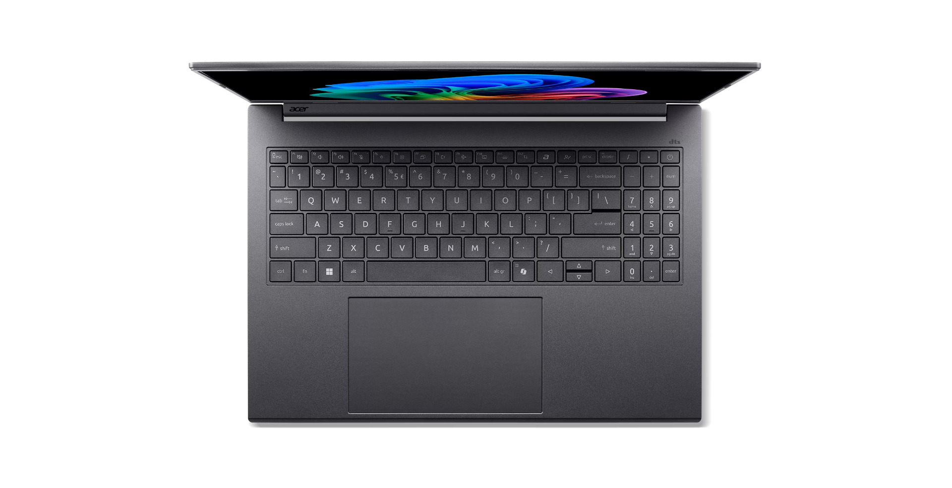 Overhead shot of a dark gray laptop, open. Keyboard visible, screen displays a colorful image, Acer logo visible.