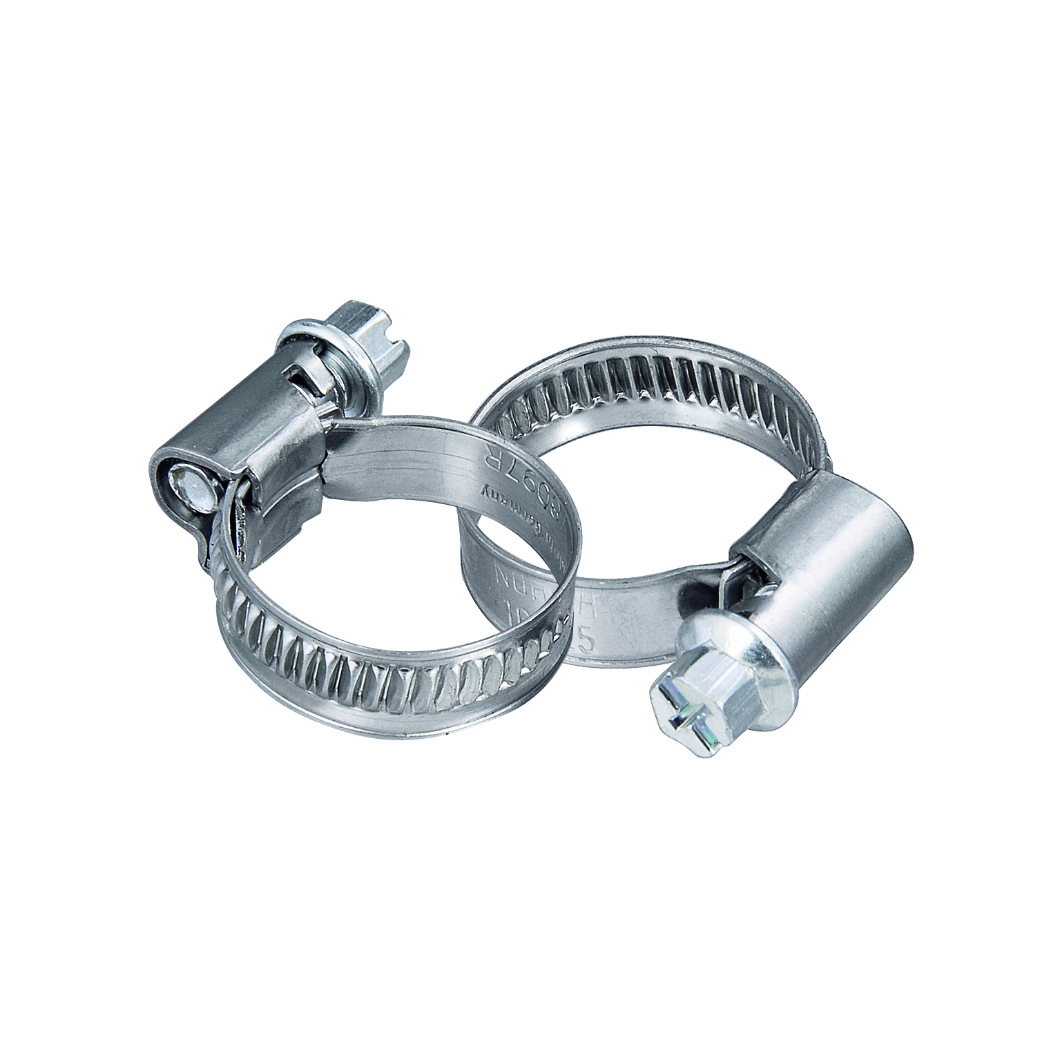 Deux colliers de serrage métalliques sur fond blanc. Chaque collier a une vis et une bande striée pour serrer.