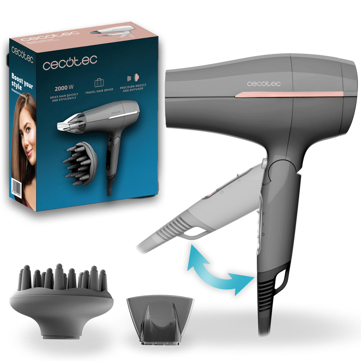 La imagen muestra un secador de pelo Cecotec con accesorios y caja. Secador gris y rosa, accesorios negros. La caja tiene una imagen de mujer y secador.