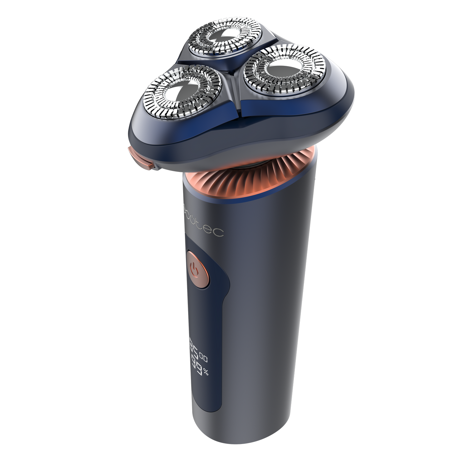 Afeitadora eléctrica con tres cabezales giratorios. Tiene un cuerpo azul y gris, un acento naranja y un botón de encendido con pantalla.