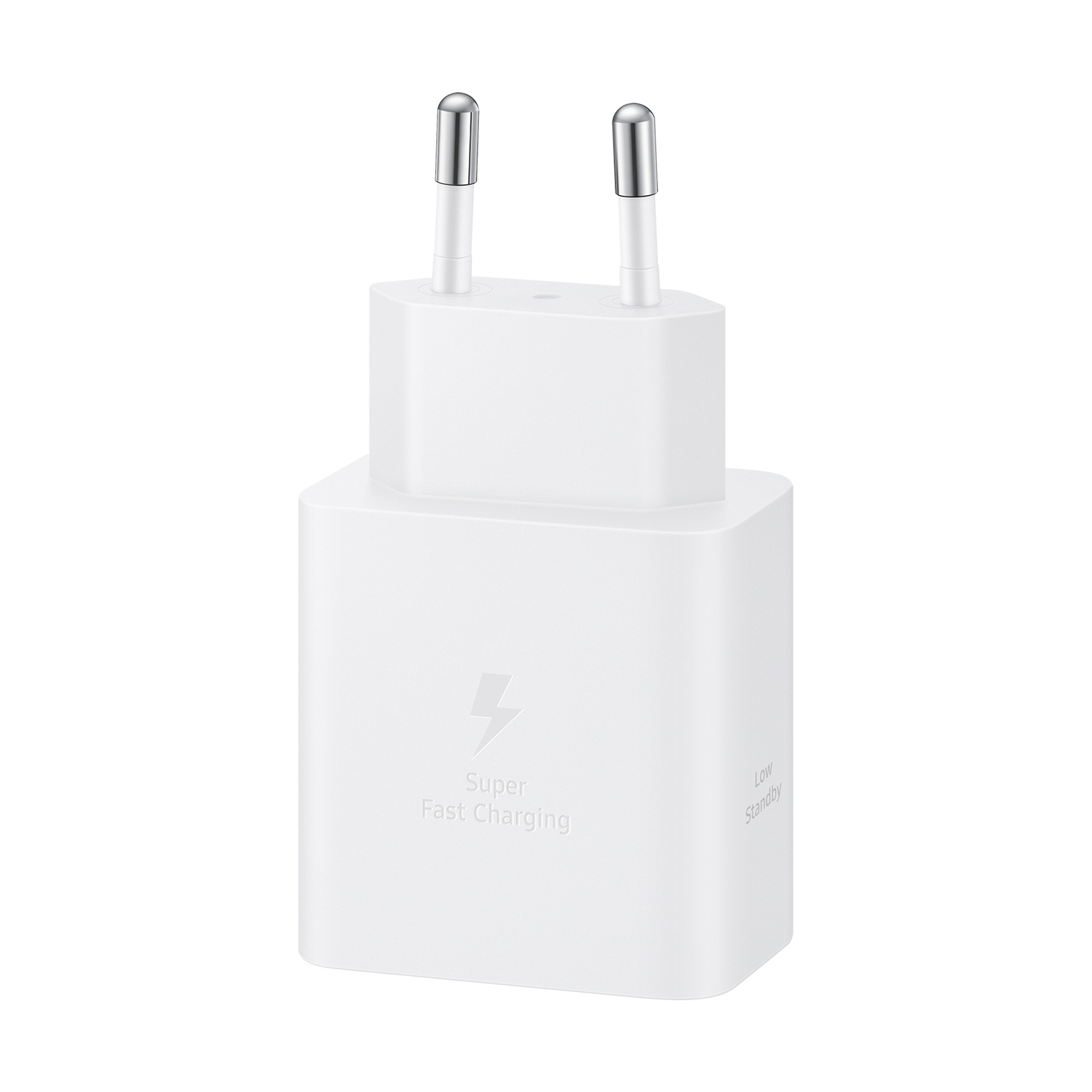 Un caricabatterie Samsung bianco con due pin argentati. Presenta le parole 'Super Fast Charging' e un simbolo di fulmine sul davanti.