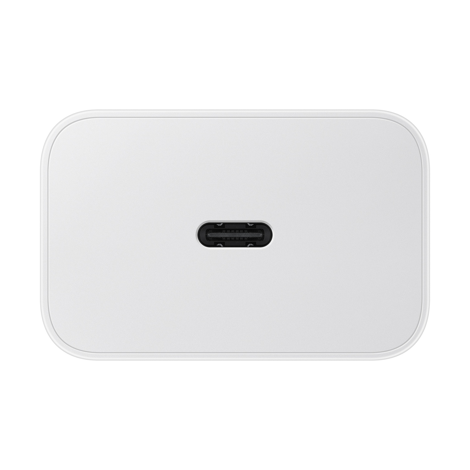 Un adattatore di ricarica rettangolare bianco con angoli arrotondati. Ha una porta USB-C al centro.