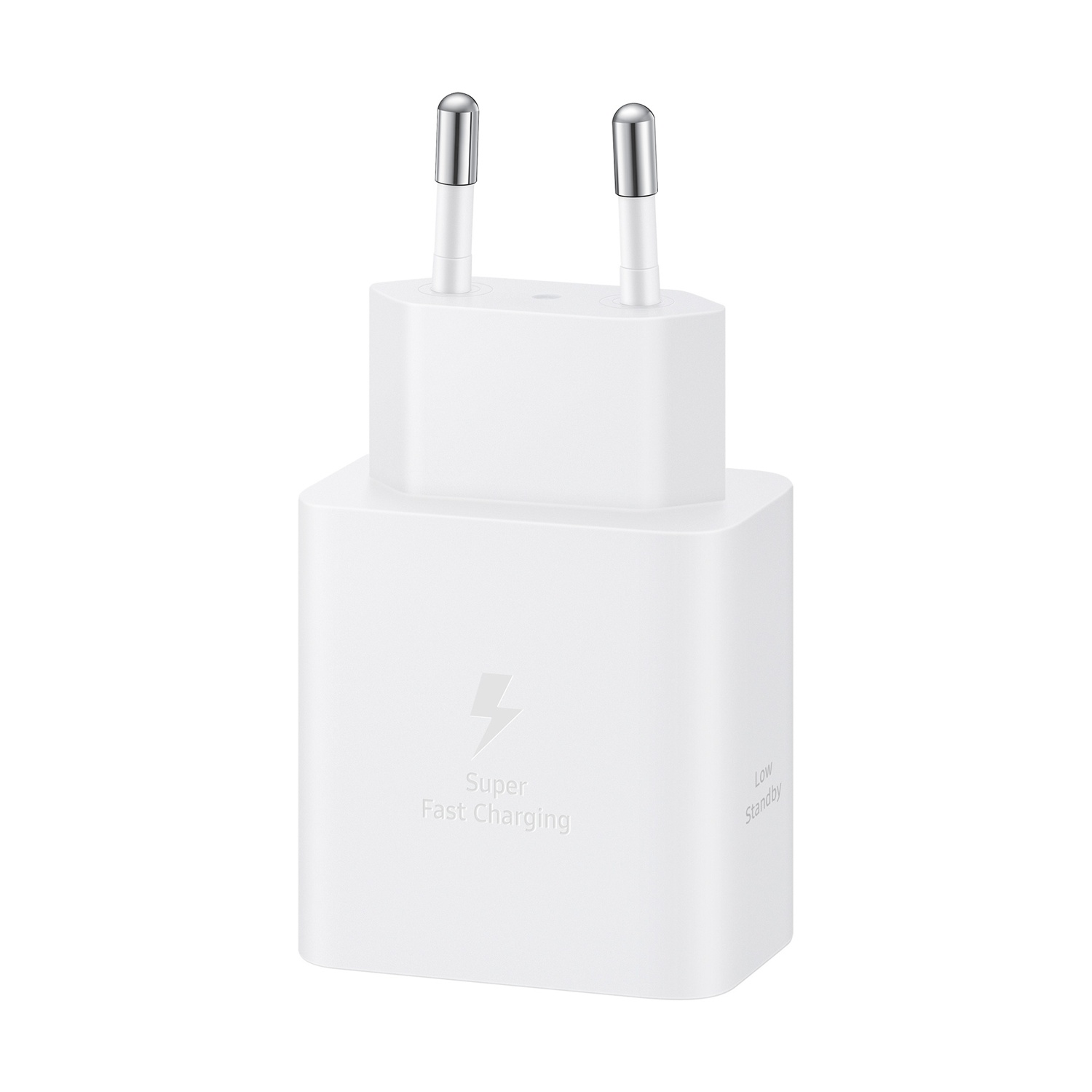 Un caricabatterie Samsung bianco con due pin argentati. Ha 'Super Fast Charging' e 'Low Standby' sul davanti.
