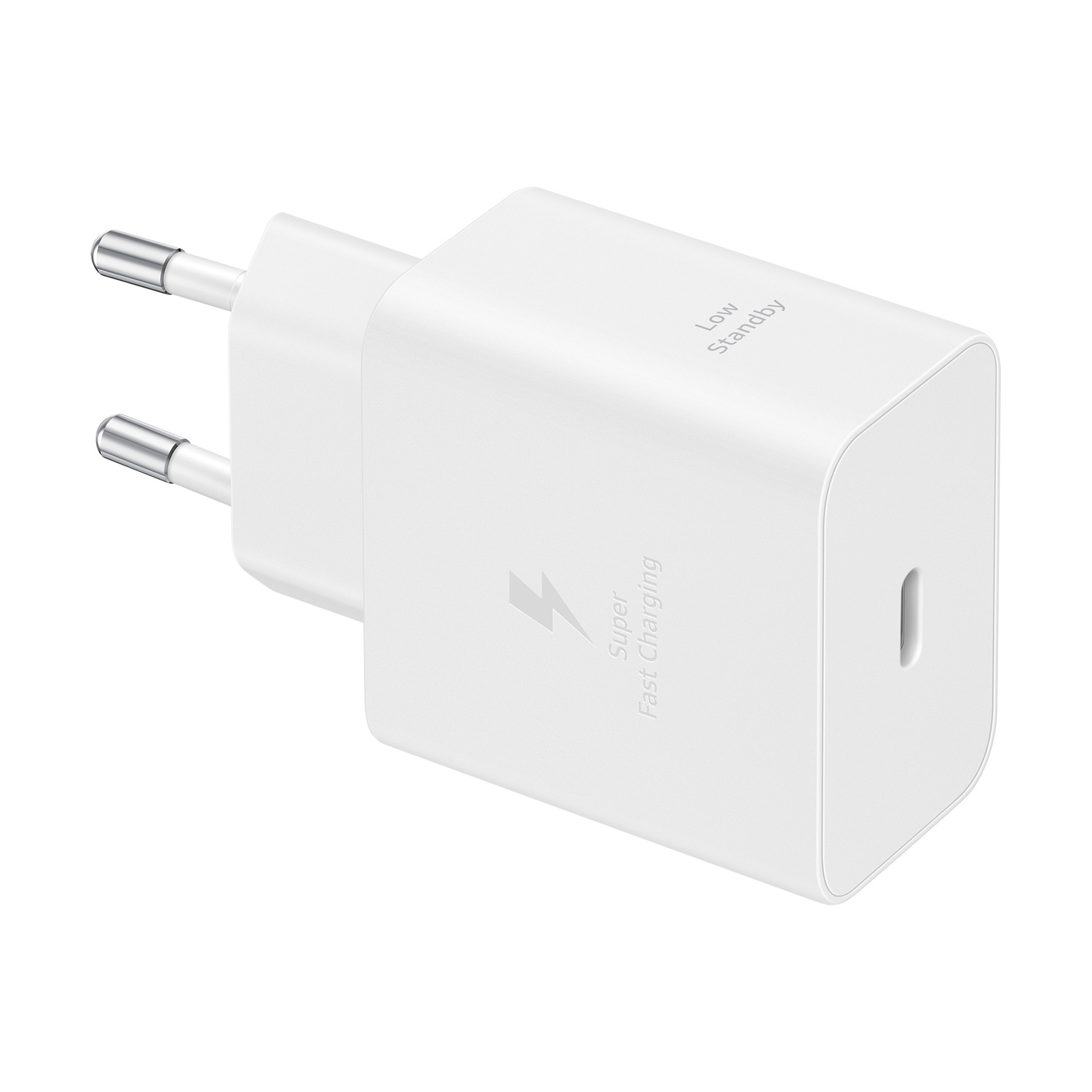 Un caricatore Samsung bianco con due pin argentati e una porta USB-C. Ha la scritta 'Super Fast Charging' e 'Low Standby'.
