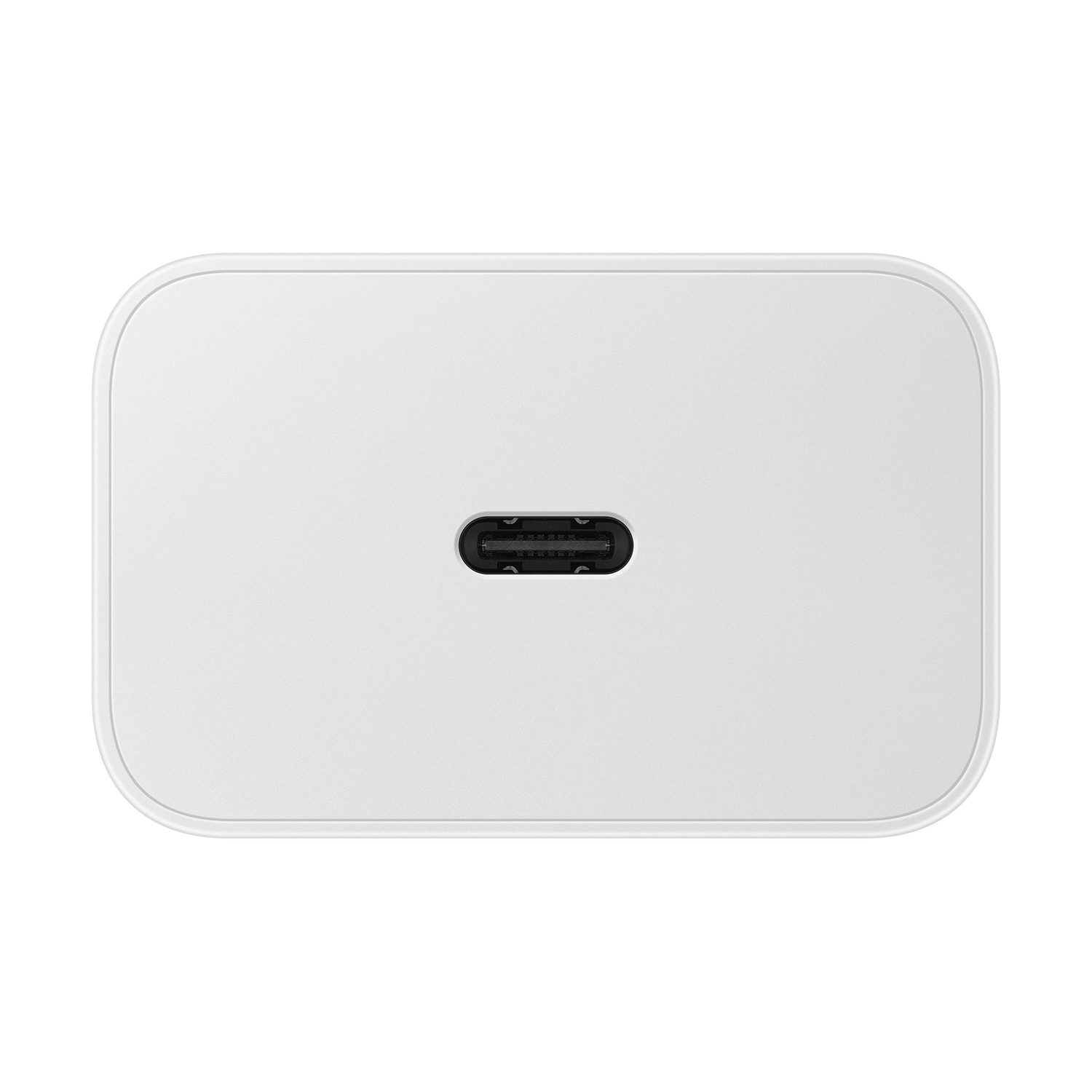Un adattatore di corrente rettangolare bianco con angoli arrotondati. Una porta USB-C è centrata su un lato.