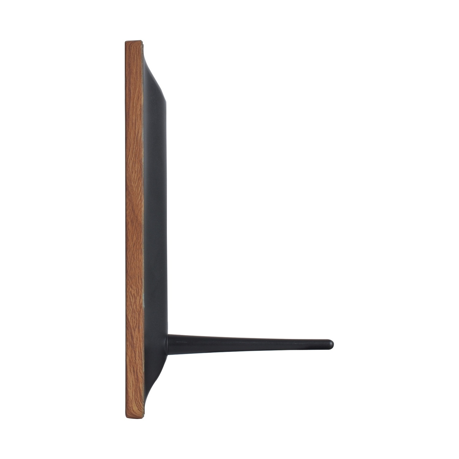 Vista laterale di una mensola a muro. Ha un telaio in legno, un supporto in metallo nero e una barra orizzontale che si estende a destra.