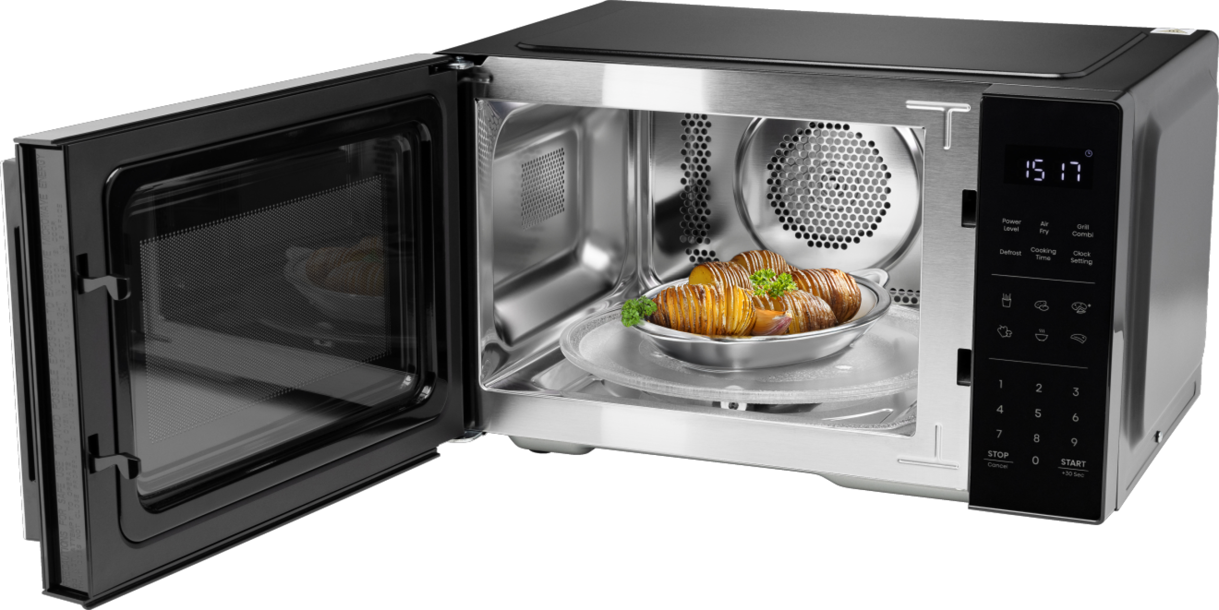 Offene Mikrowelle mit Essen. Geröstete Kartoffeln in einer Schale. Digitalanzeige zeigt die Uhrzeit. Schwarz-Silber-Design.