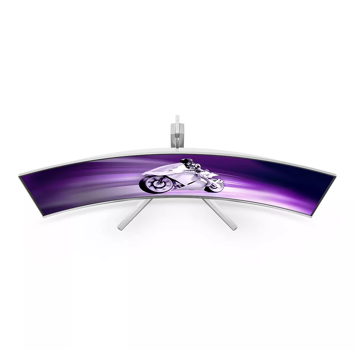 Gebogener Monitor, der ein Motorrad zeigt. Der Monitor ist silberfarben mit weißem Hintergrund. Das Motorrad ist weiß.