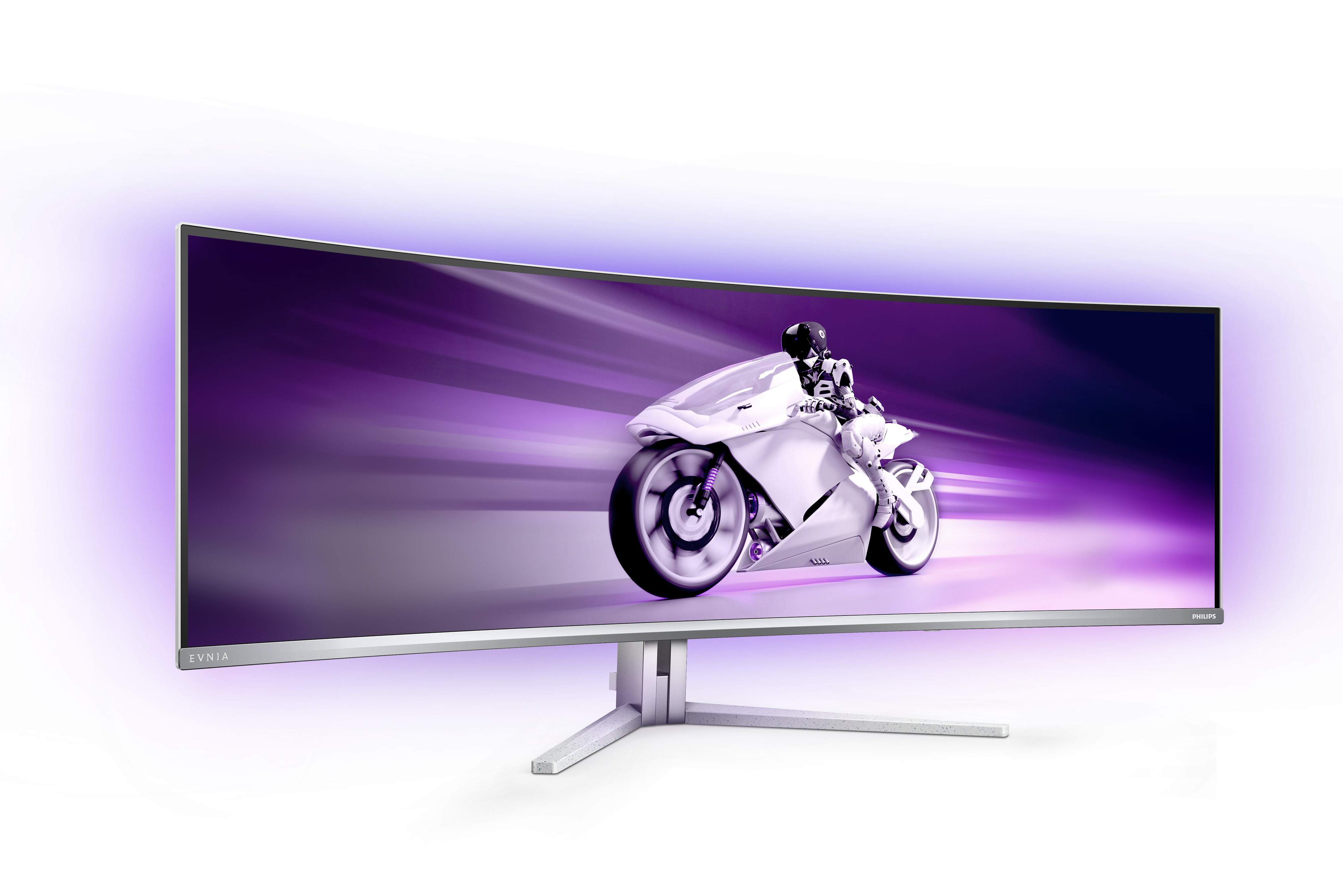 Ein gebogener Monitor zeigt ein futuristisches Motorrad und einen Fahrer vor einem lila-blauen Hintergrund. Der Monitor ist weiß.