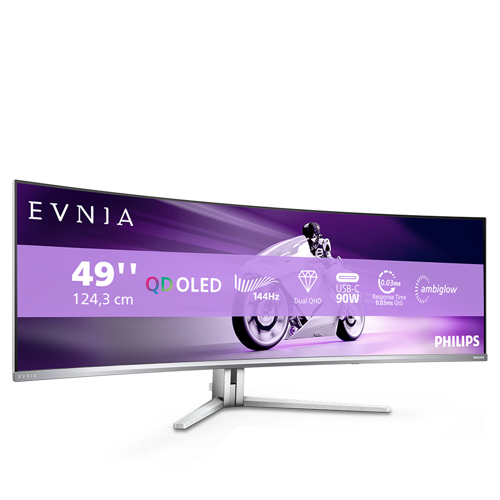 Gebogener Philips-Monitor mit EVNIA-Logo. Das Display zeigt ein Motorradbild. Merkmale sind 49", QD OLED, 144 Hz, USB-C und Ambiglow.
