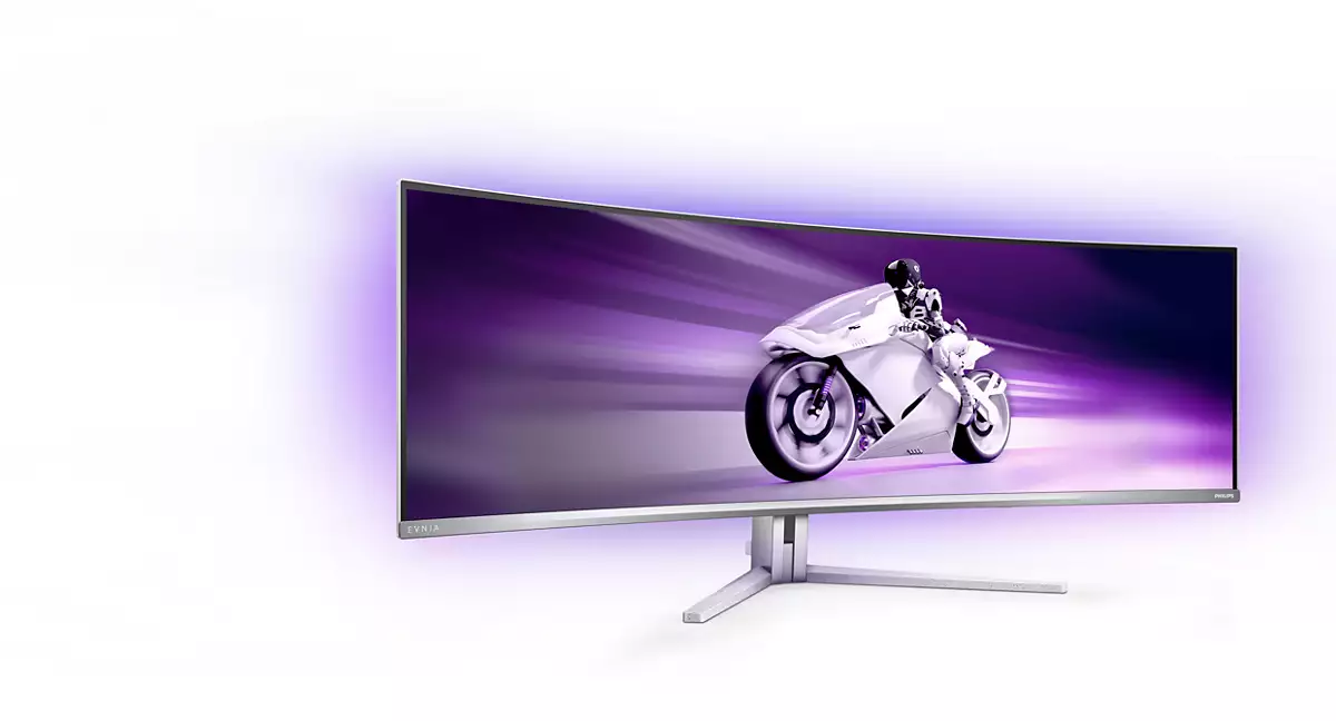 Gebogener Monitor mit weißem Motorrad auf lila Hintergrund. Der Monitor ist silberfarben, mit weißem Ständer.