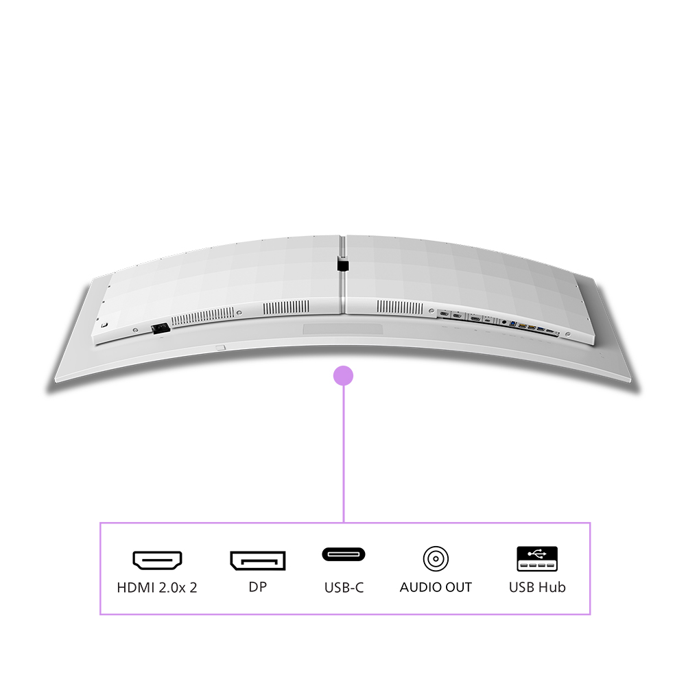 Weißer, gebogener Monitor mit Anschlüssen: HDMI 2.0x2, DP, USB-C, Audio Out, USB-Hub. Lila Linie zeigt auf die Anschlüsse.
