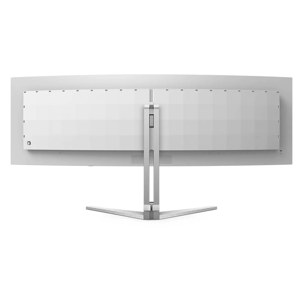 Ein weißer Computermonitor von hinten betrachtet. Er hat einen Ständer und einen rechteckigen Bildschirm, alles in Weiß- und Grautönen.