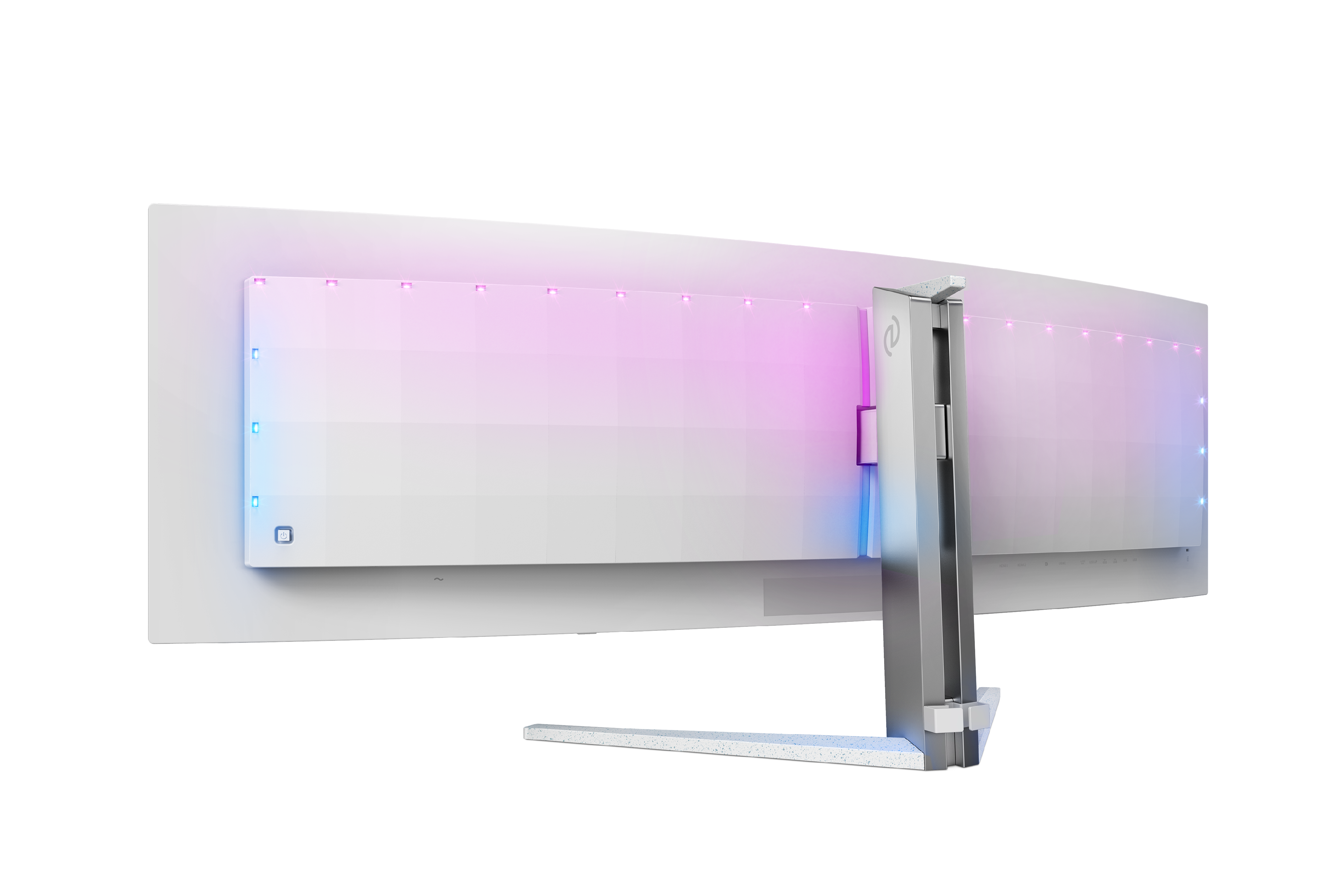 Ein gebogener weißer Monitor mit RGB-Beleuchtung auf der Rückseite und einem silbernen Ständer. Der Hintergrund ist schwarz.