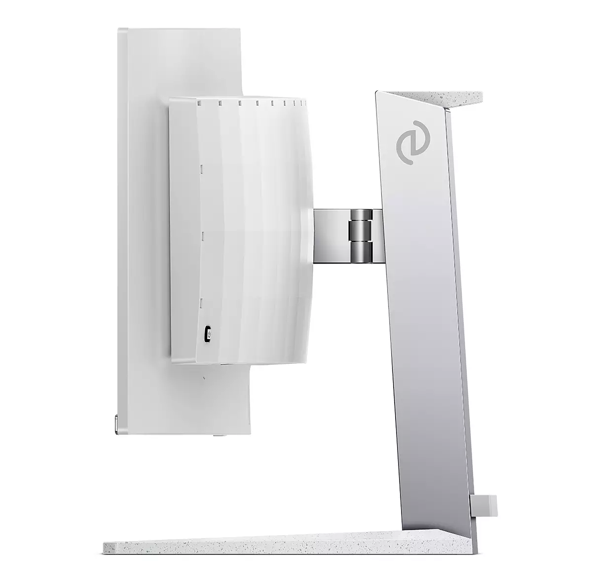 Ein weißer und silberner Computermonitor. Der Monitor hat eine weiße Rückseite und einen silbernen Ständer mit weißer Basis. Das Logo ist sichtbar.