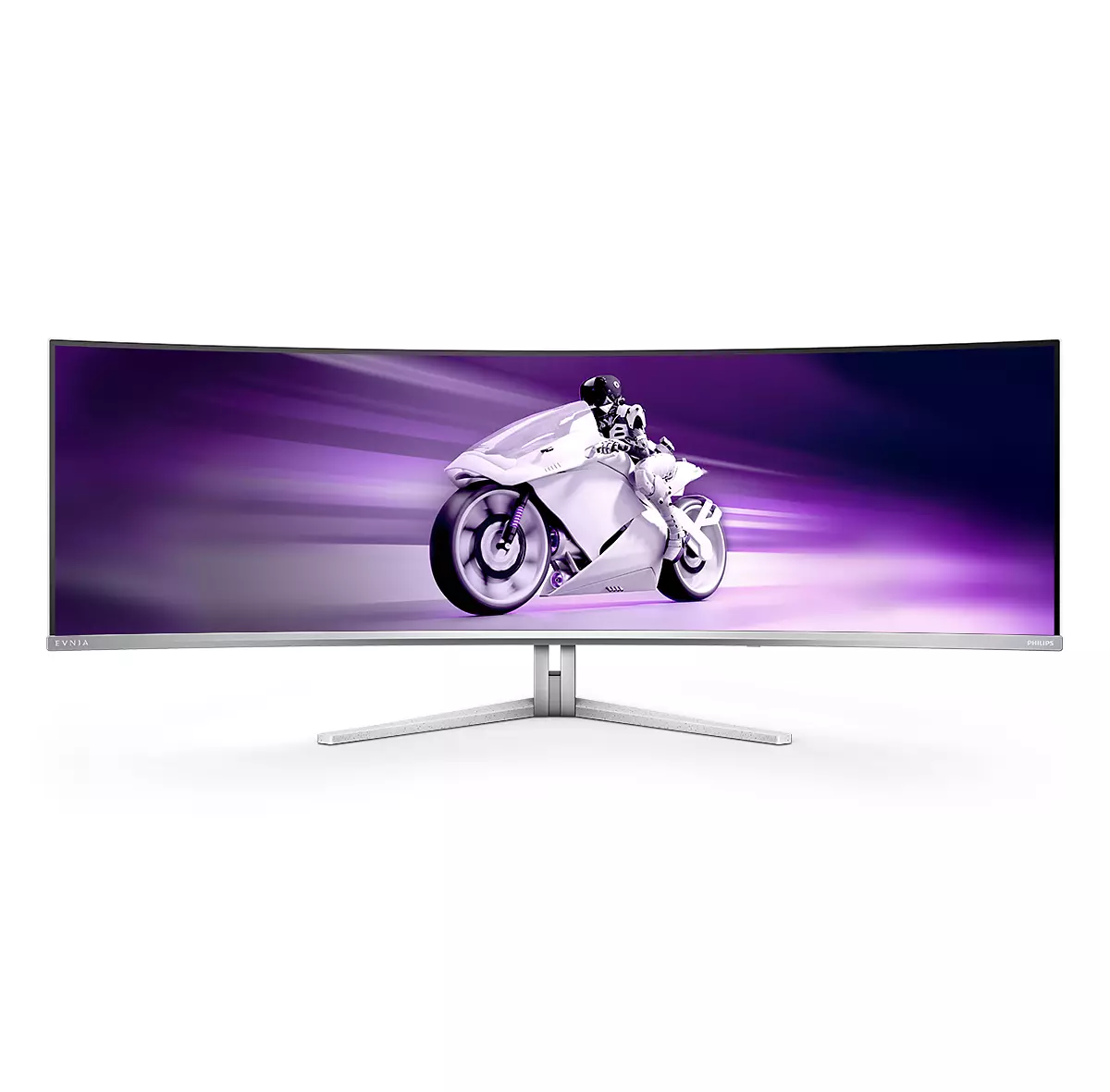 Gebogener Philips-Monitor. Der Bildschirm zeigt ein weißes Motorrad mit Fahrer vor lila Hintergrund. Monitor hat silbernen Ständer und Rahmen.