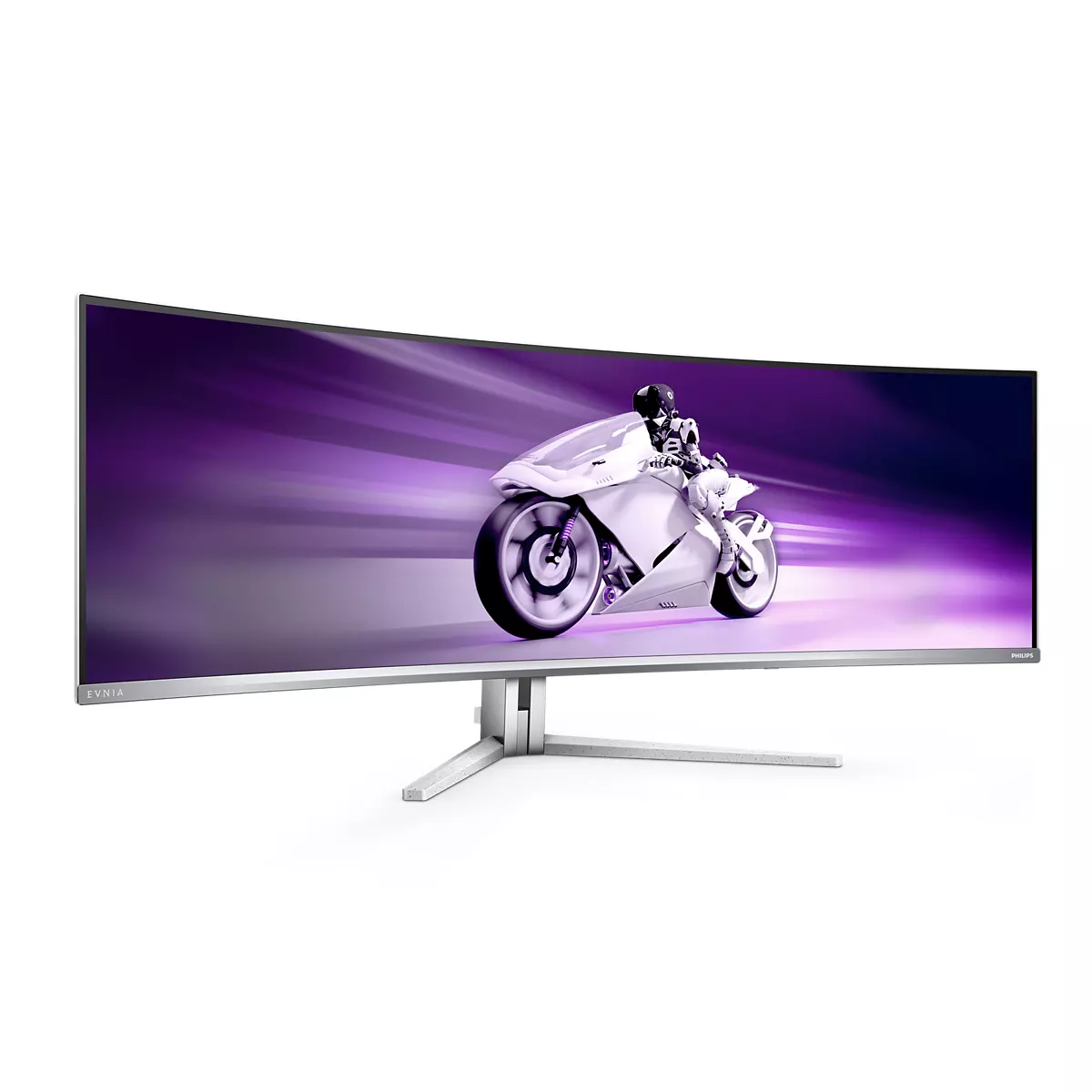 Gebogener Monitor zeigt ein futuristisches Motorrad, das vor einem lila Hintergrund fährt. Silberner Ständer und Rahmen. EVNIA- und Philips-Logos sind sichtbar.