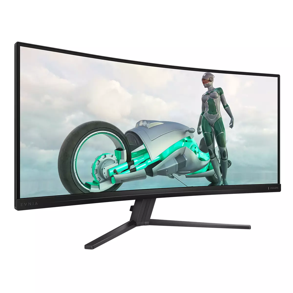 Gebogener Monitor, der ein futuristisches Motorrad und eine Figur in Grün und Silber zeigt. Der Monitor ist schwarz mit Ständer.