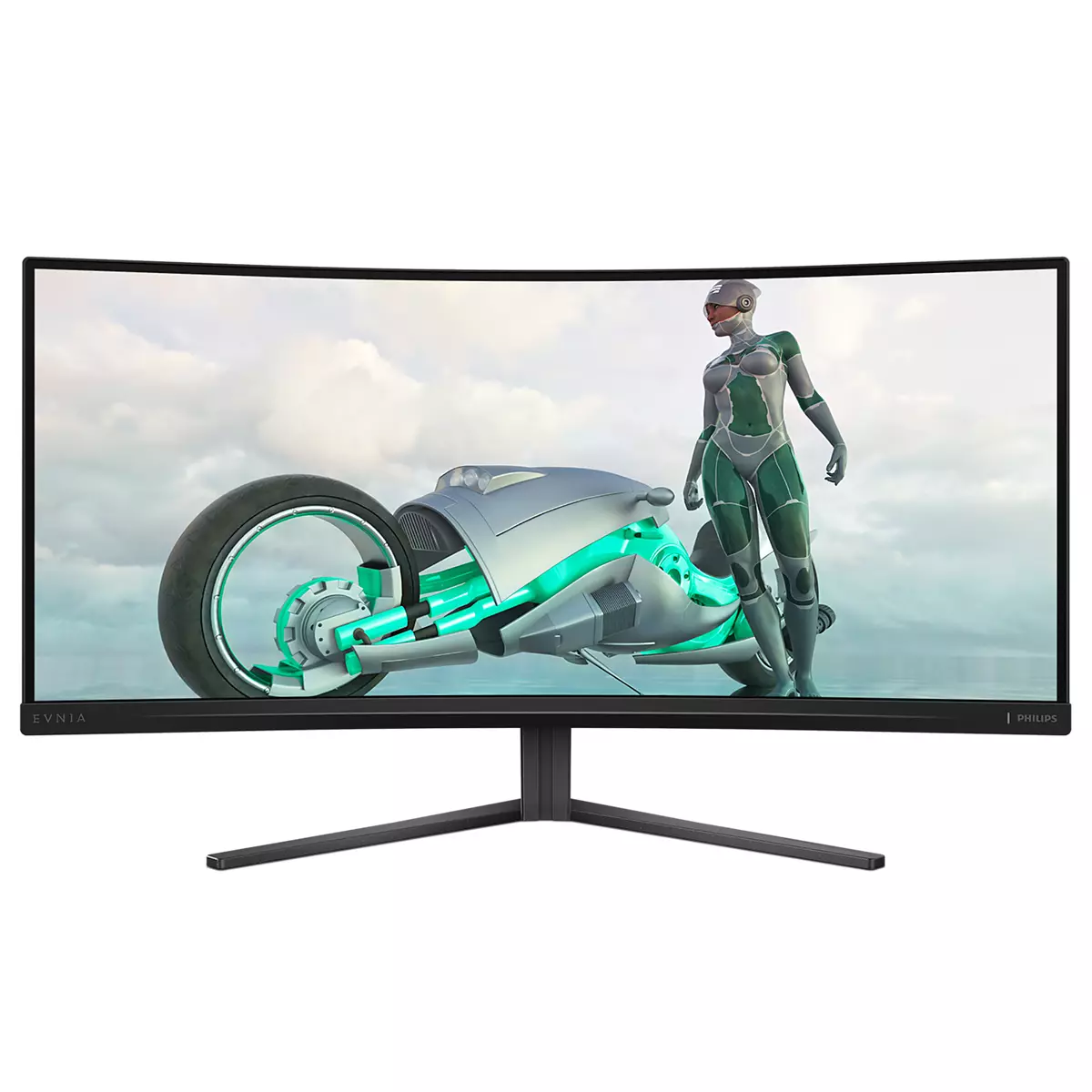 Ein gebogener Monitor zeigt ein futuristisches Bild: Eine Frau in einem grünen Anzug steht neben einem futuristischen Motorrad. Der Hintergrund ist bewölkt.
