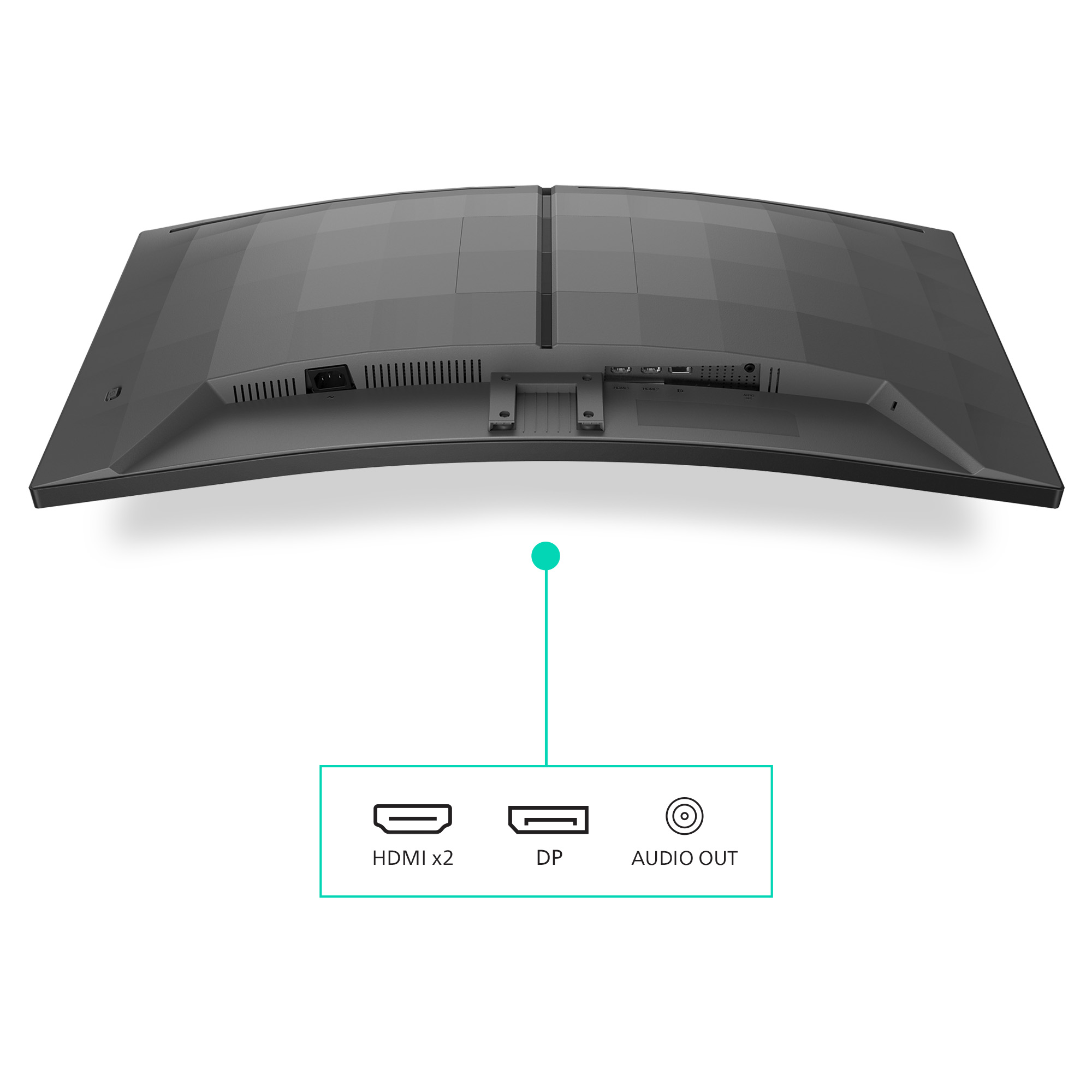 Rückansicht eines schwarzen, gekrümmten Monitors mit Anschlüssen: HDMI x2, DP und Audioausgang. Weißer Hintergrund.